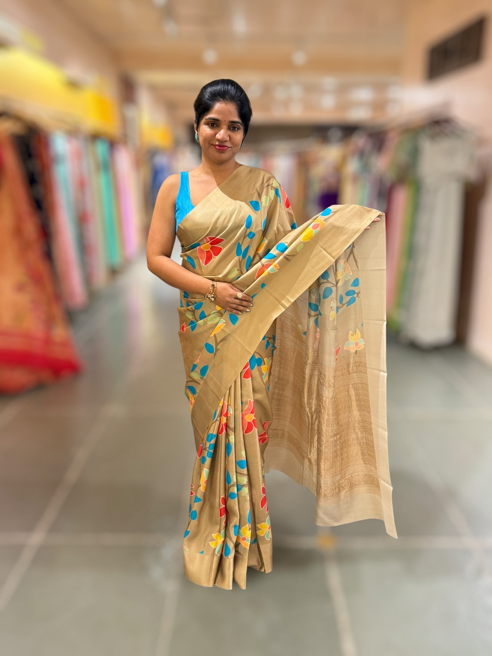 Gold Kanchi Soft Silk Saree with ajamdani inspired print