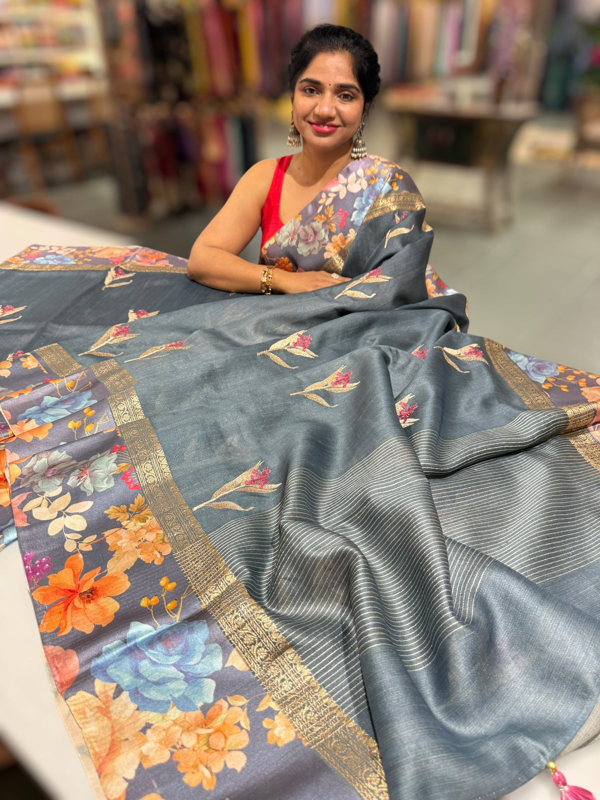 Elephant Grey Tussar Dhupion Saree with Floral printed mashru borders