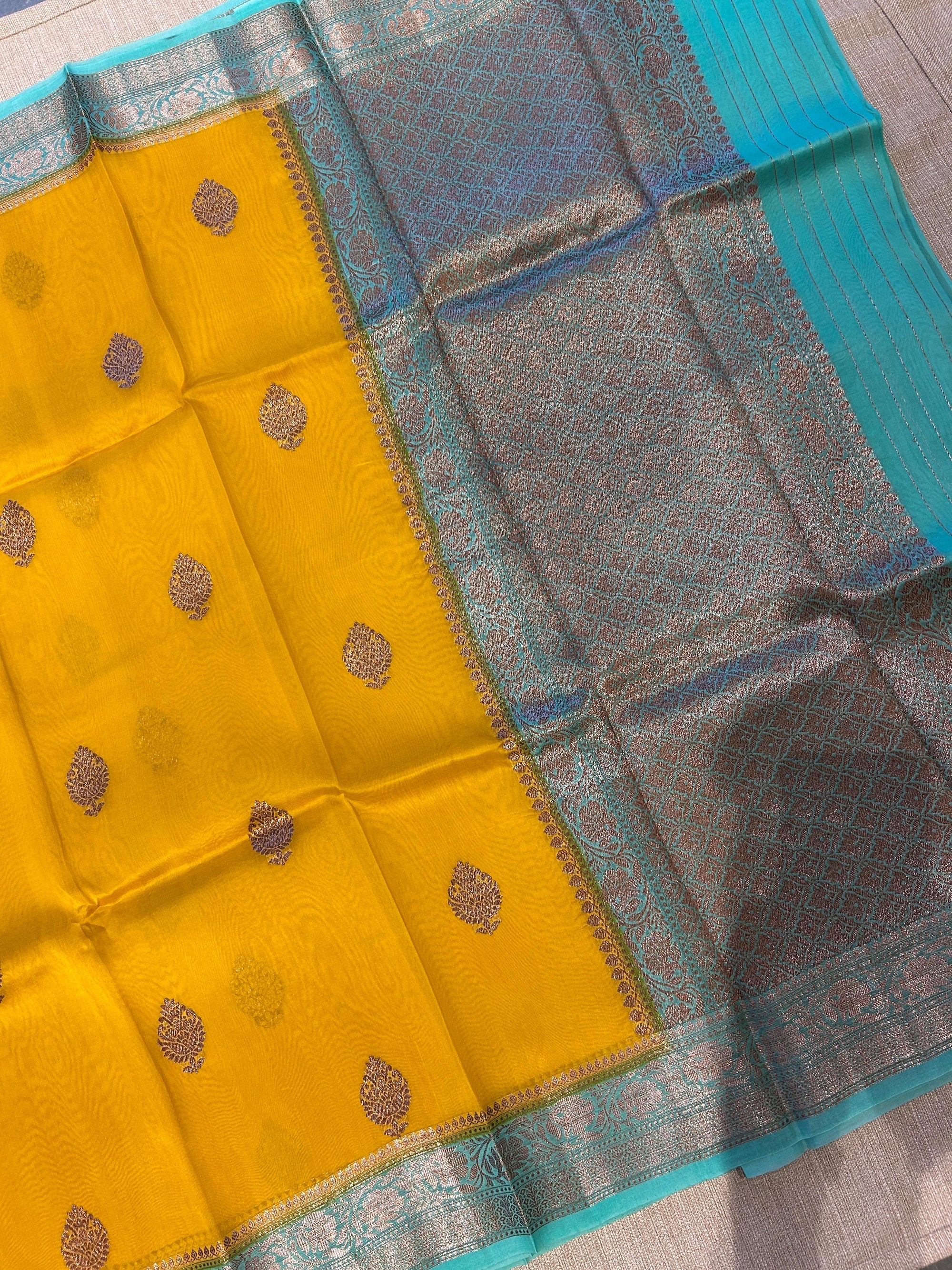 Mustard and teal combo Pure Handloom premium Kora Banarasi Saree