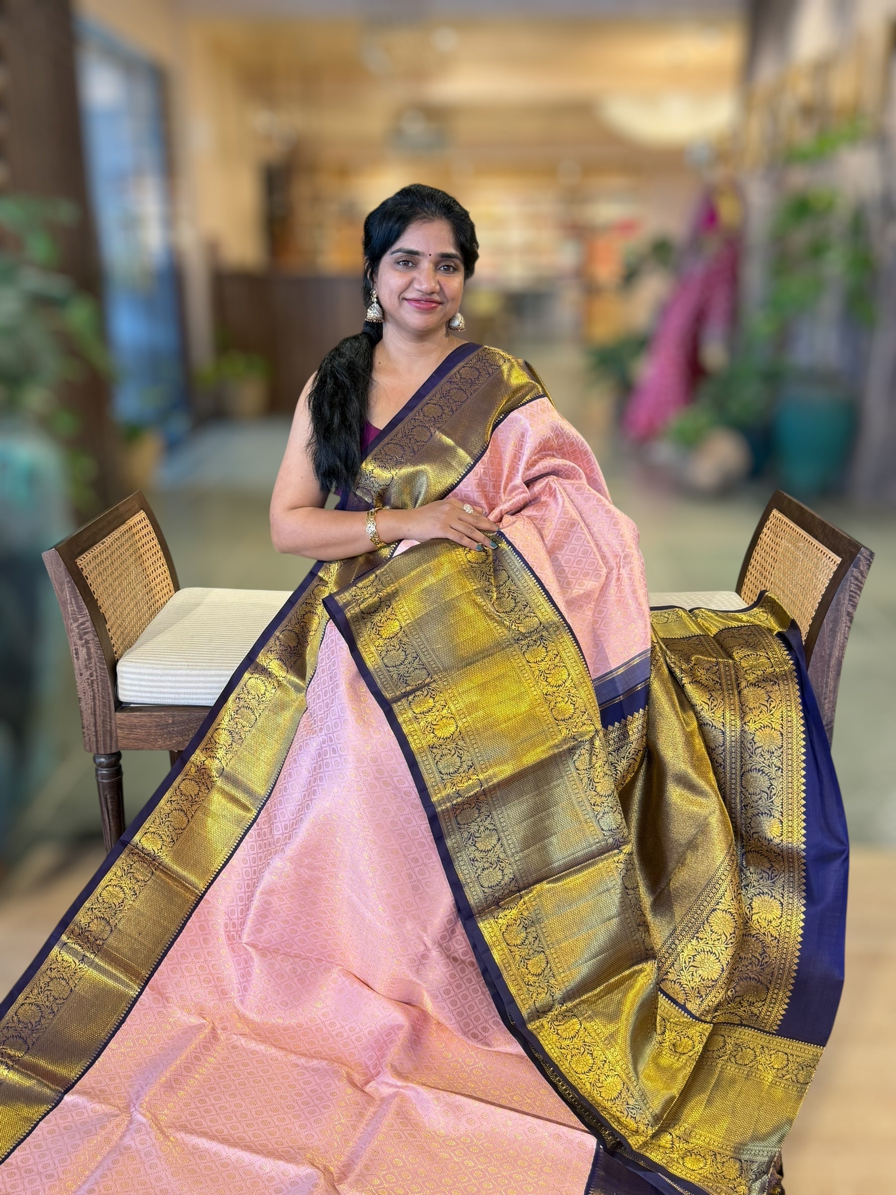 Pastel Pink and Navy Brocade Kanchi With Vintage Kuttu Border