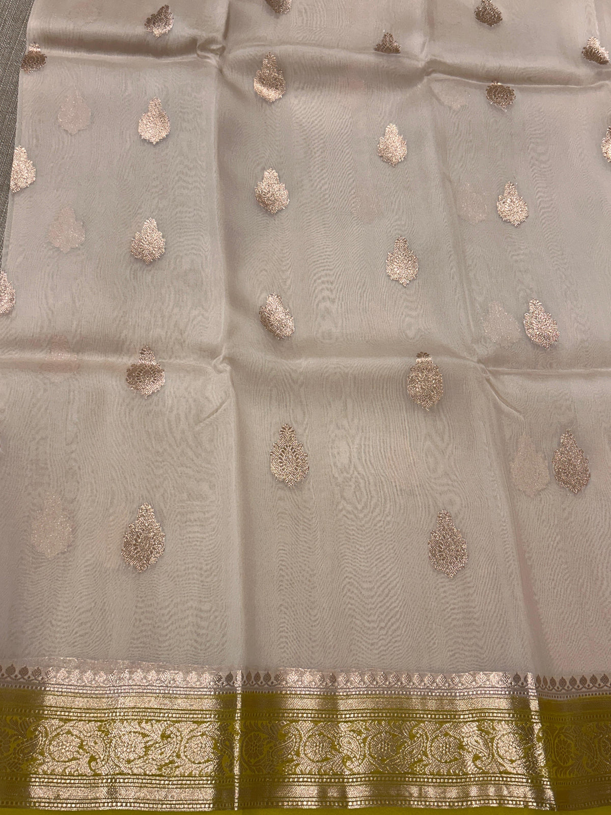 Vanilla and Moong Dal Green Combo Pure Handloom premium Kora Banarasi Saree