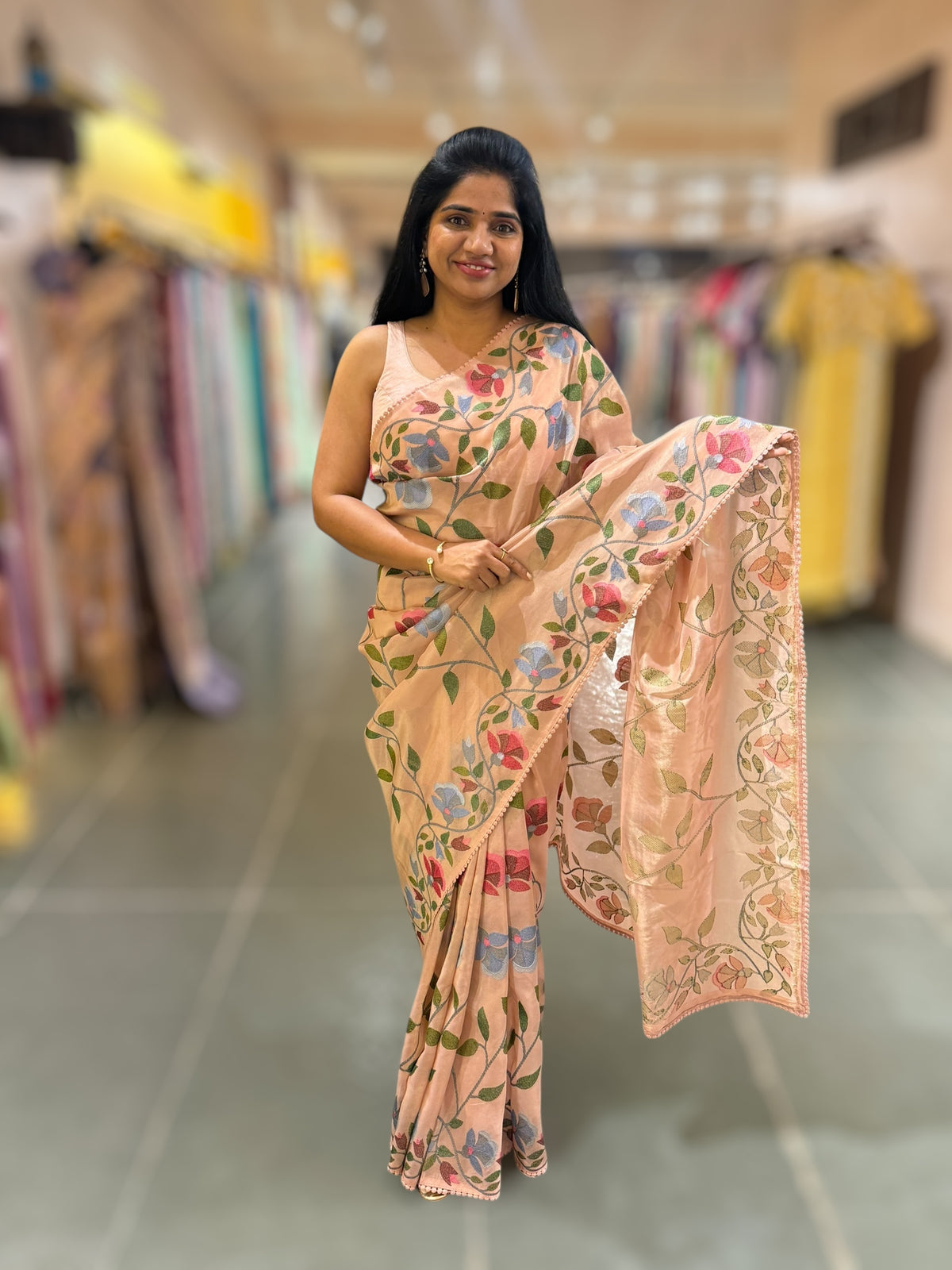 Nude Pink Tissue georgette saree with embroidey