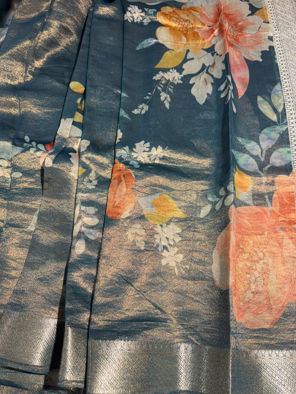 Peacock Blue Printed Banarasi Cotton Tissue