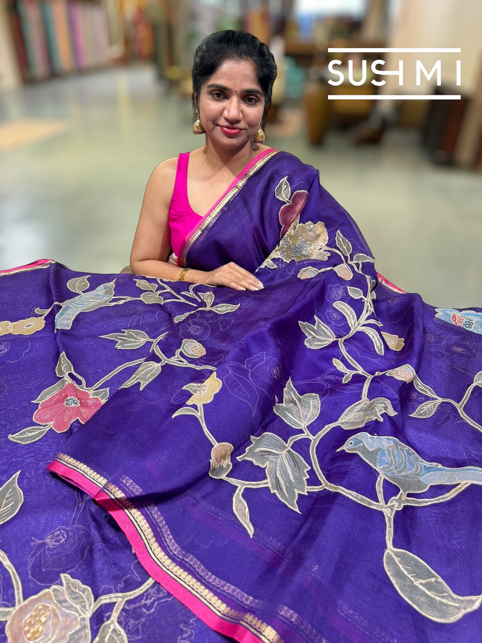 Purple Designer Organza with Tissue applique work : S62F096