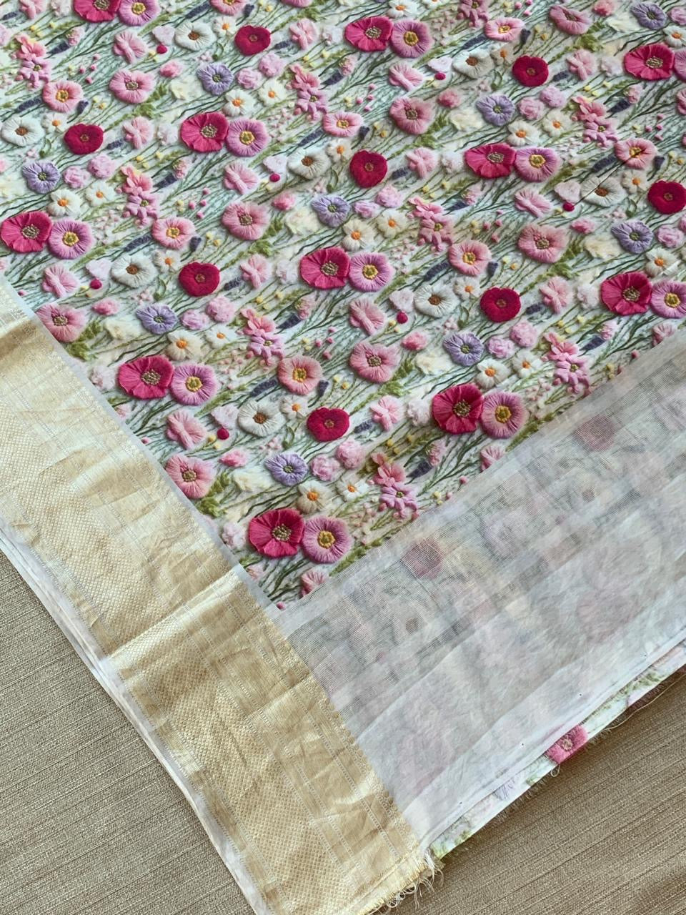 Ivory Pure Handloom Chiniya Silk Saree with stunning Floral Print and zari borders