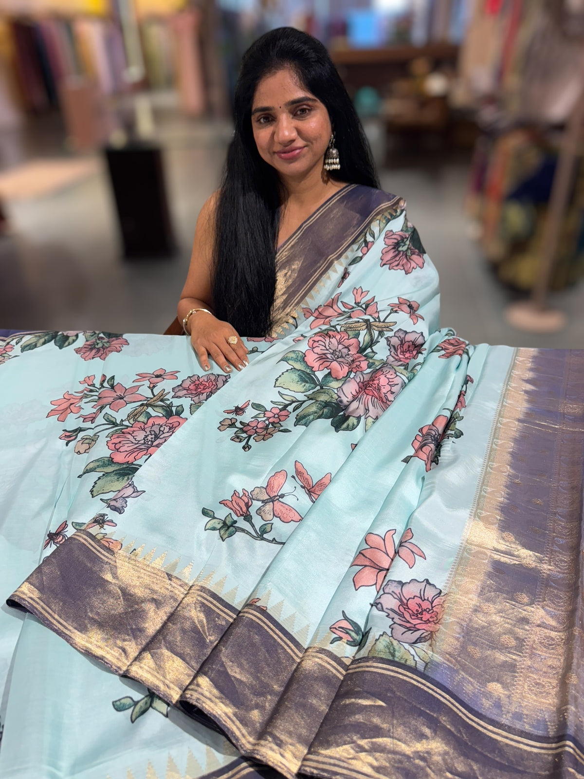 Baby Blue Kanjeevaram Designer print saree