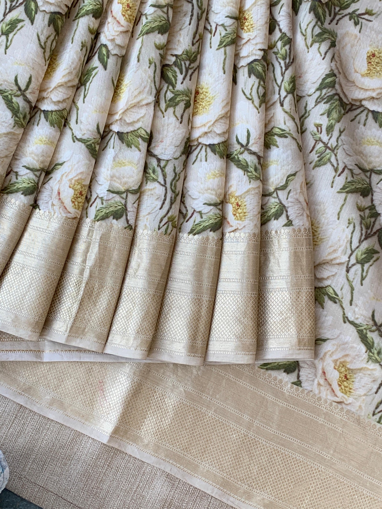 Ivory Pure Handloom Chiniya Silk Saree with stunning 3D Floral Print and zari borders