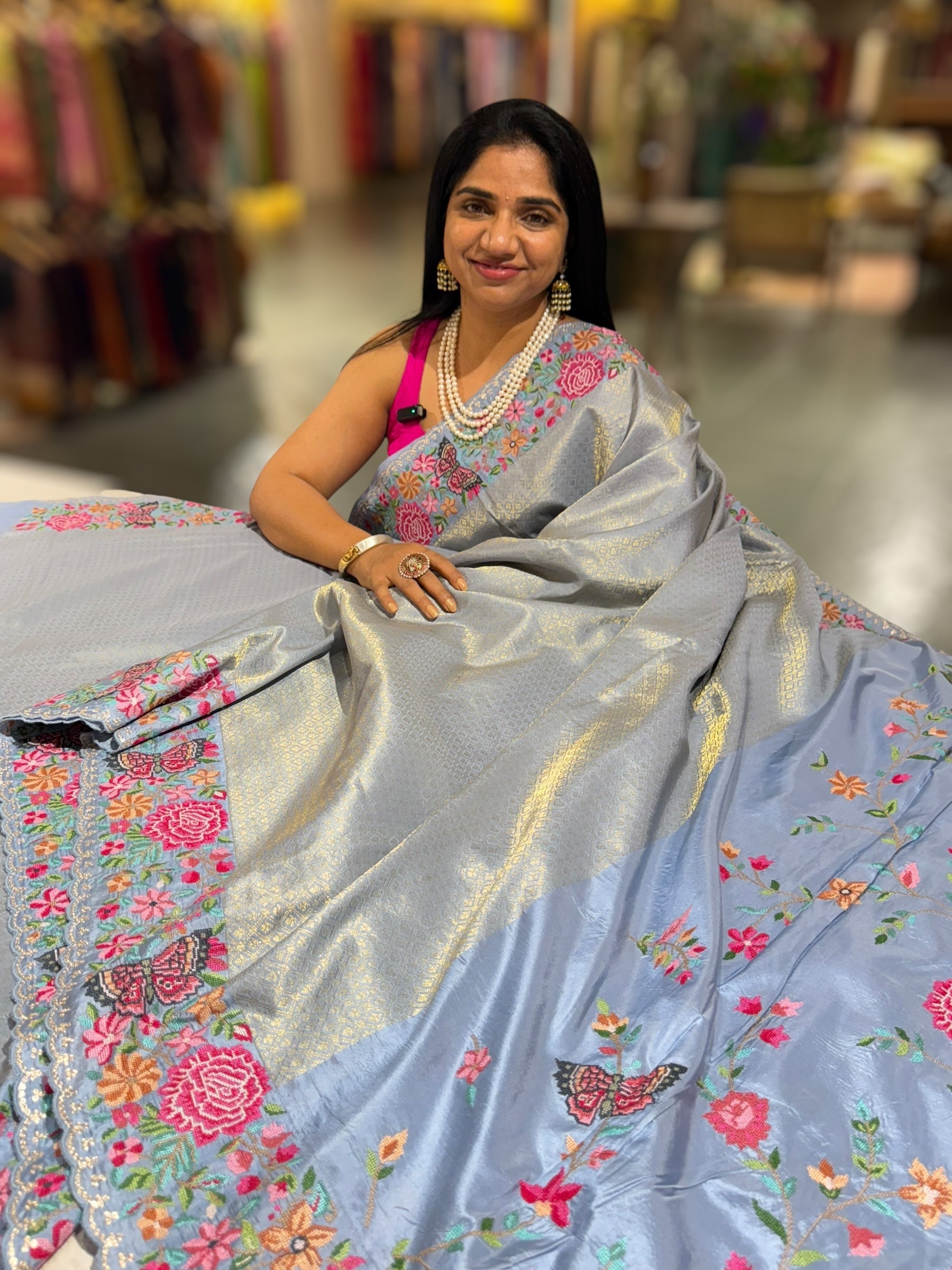 Dusty Blue Kanjeevaram Brocade Saree with Petite Point Embroidered Border