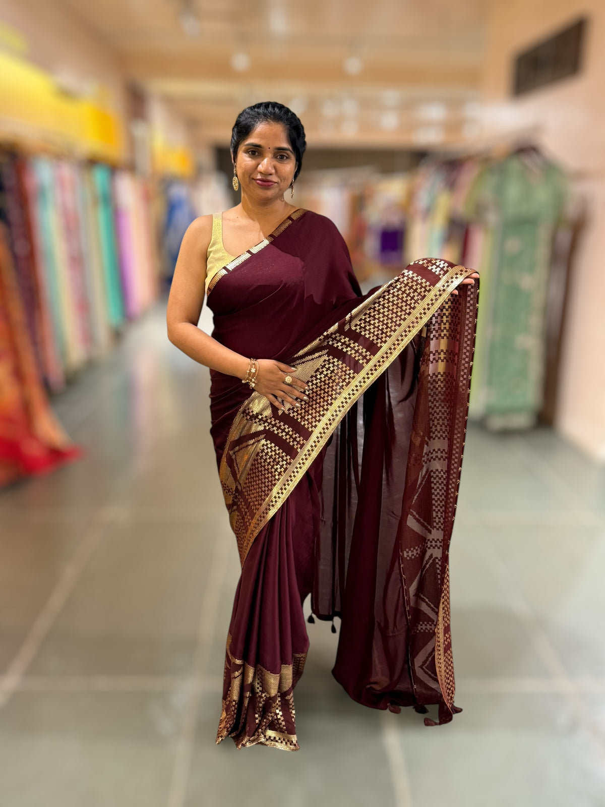 Burgundy Pure Satin Saree with designer sequence border and blouse