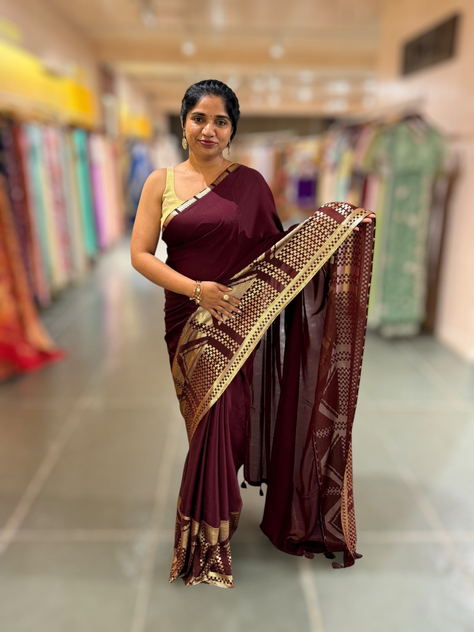 Burgundy Pure Satin Saree with designer sequence border and blouse