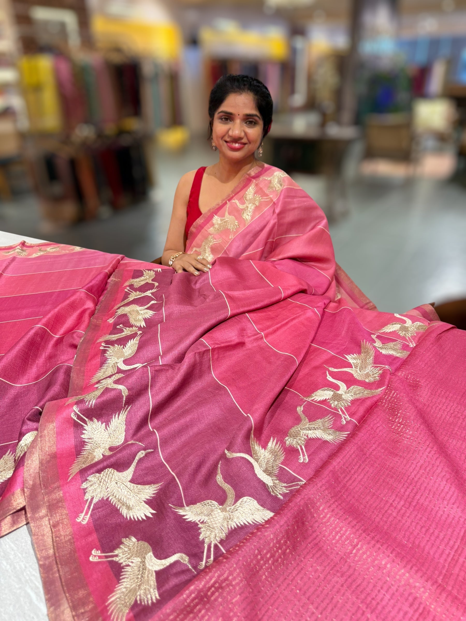 Tussar Rangkaat Saree With Crane Bird  Embroidered Border