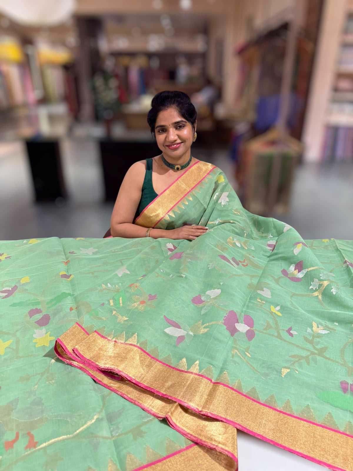 Light Apple Green Ponduru Khadi Jamdani Allover Meenkari Weaving Saree