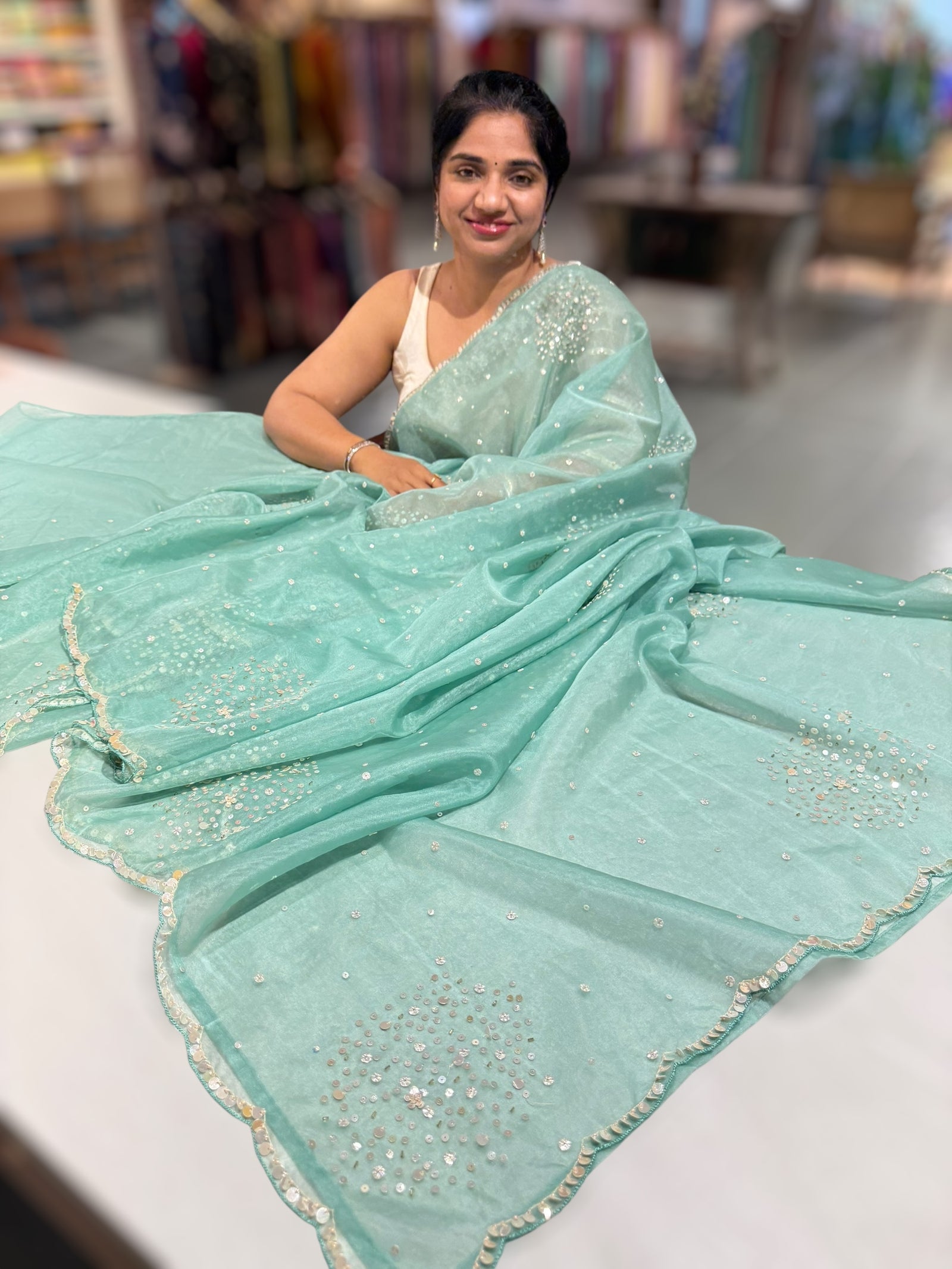 Mint Organza Saree with handwork borders and allover handwork ready to wear blouse