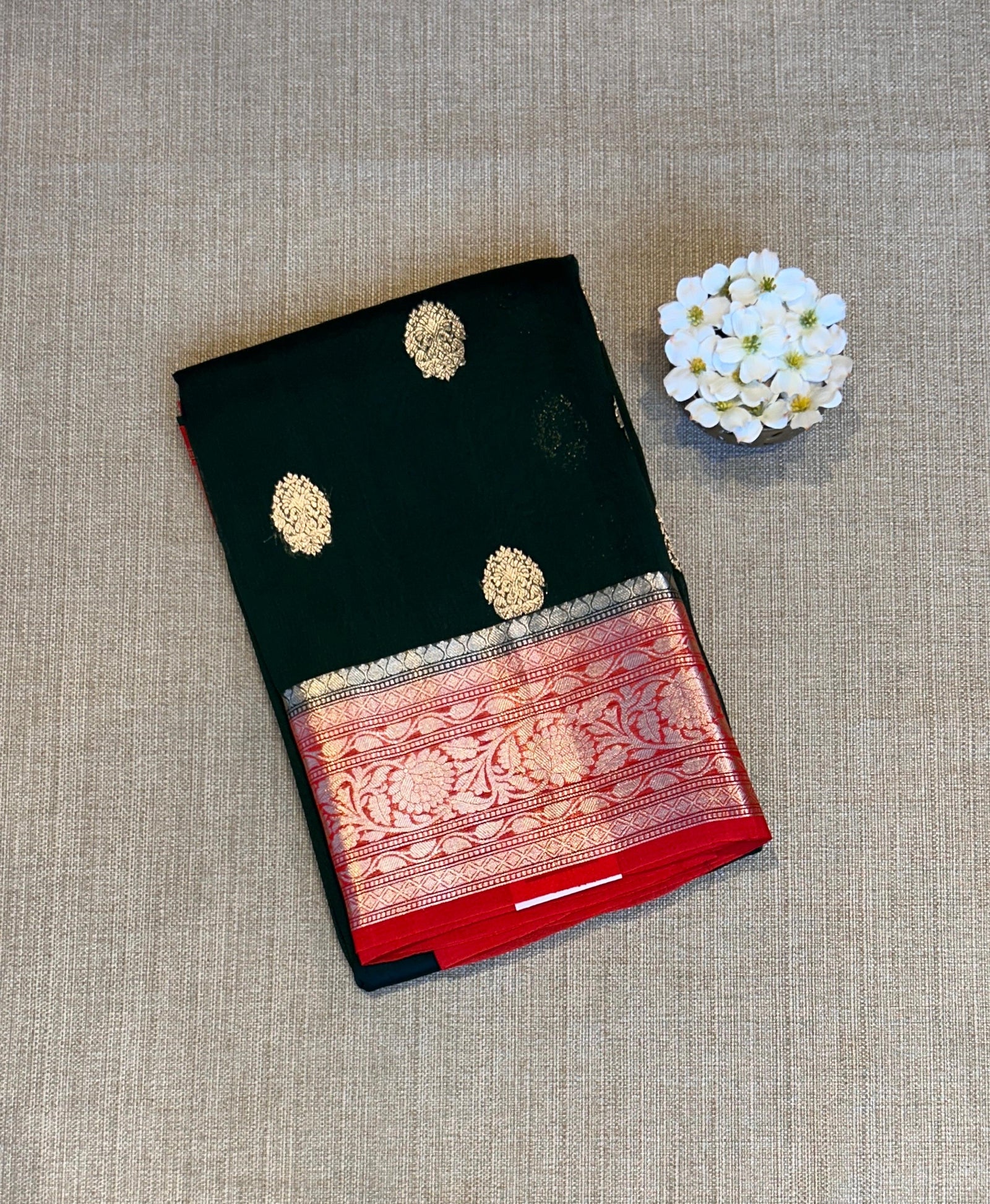 Bottle Green & Red Combo Pure Handloom premium Kora Banarasi Saree