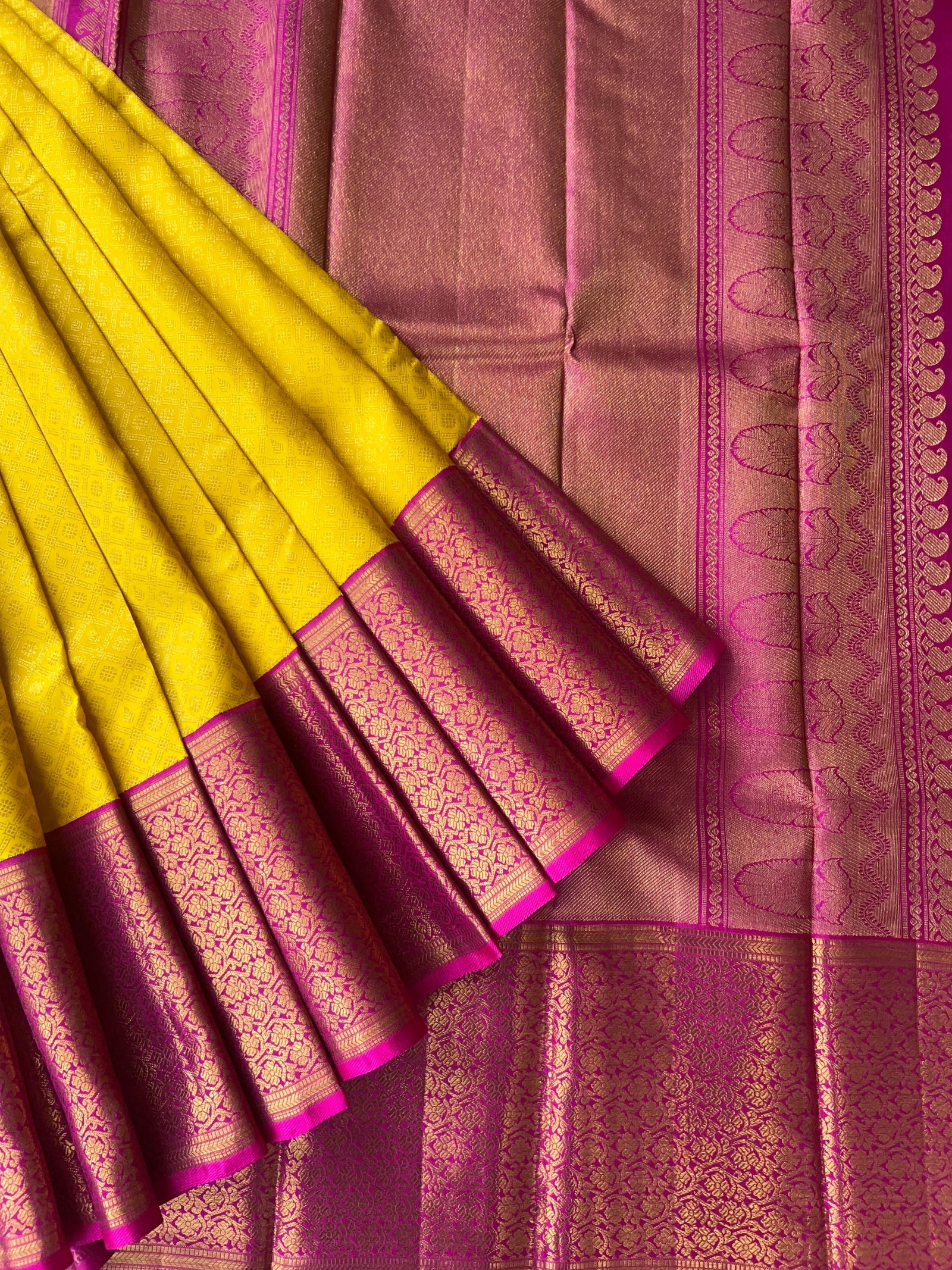 Yellow and Rani Pink Combo kanchi brocade designer kuttu border saree