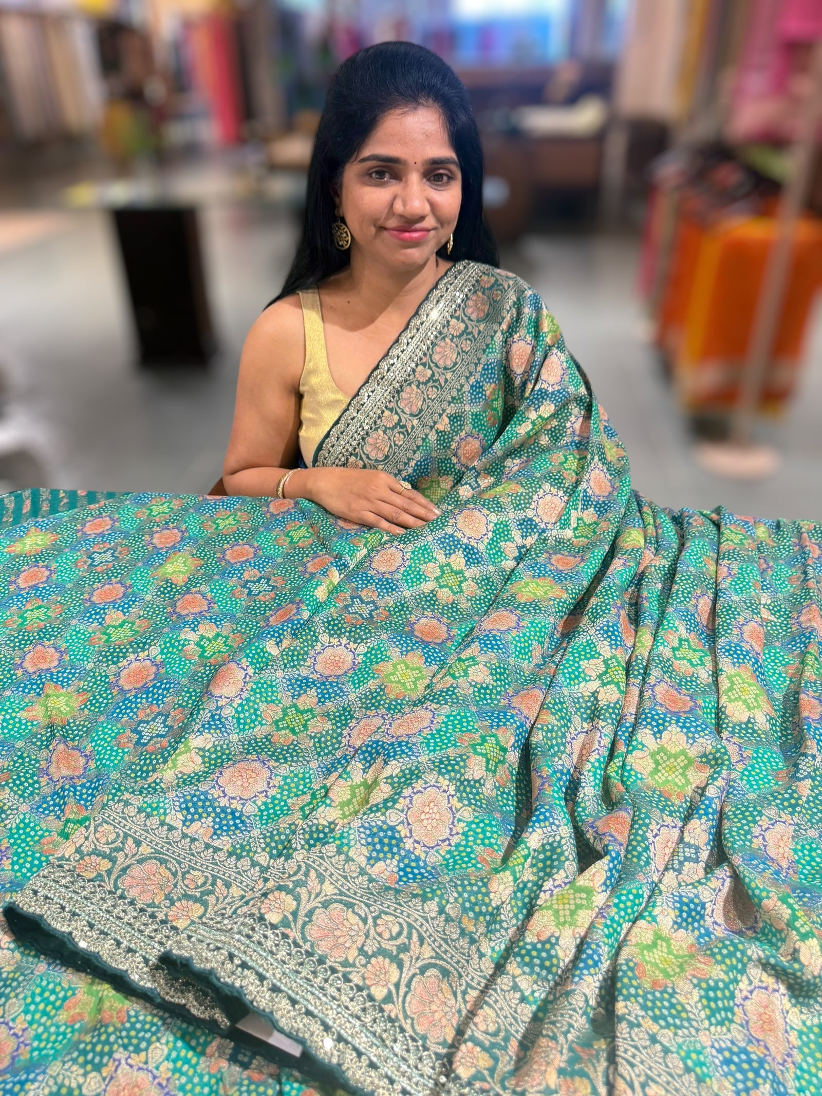 Emerald Green & Blue Banarasi bandhini georgette