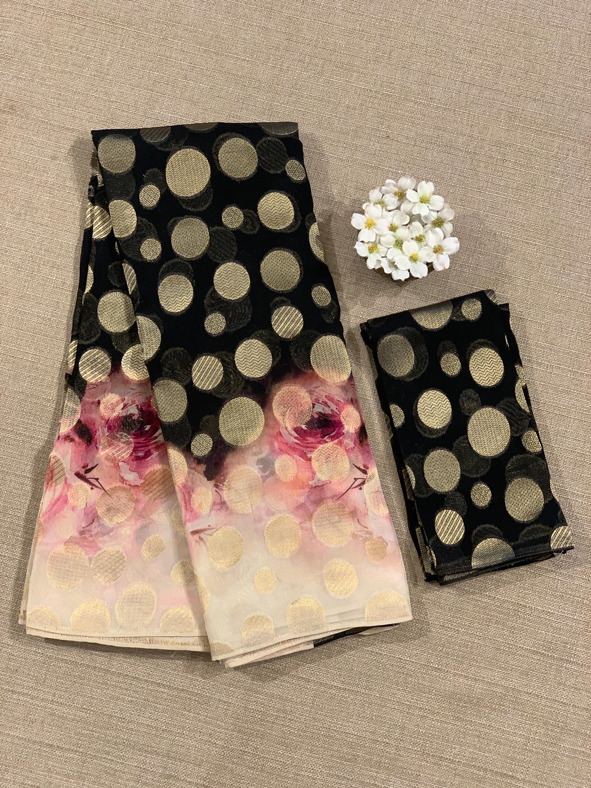 Black Banarasi Kora Gorgette Polka dot Printed Saree