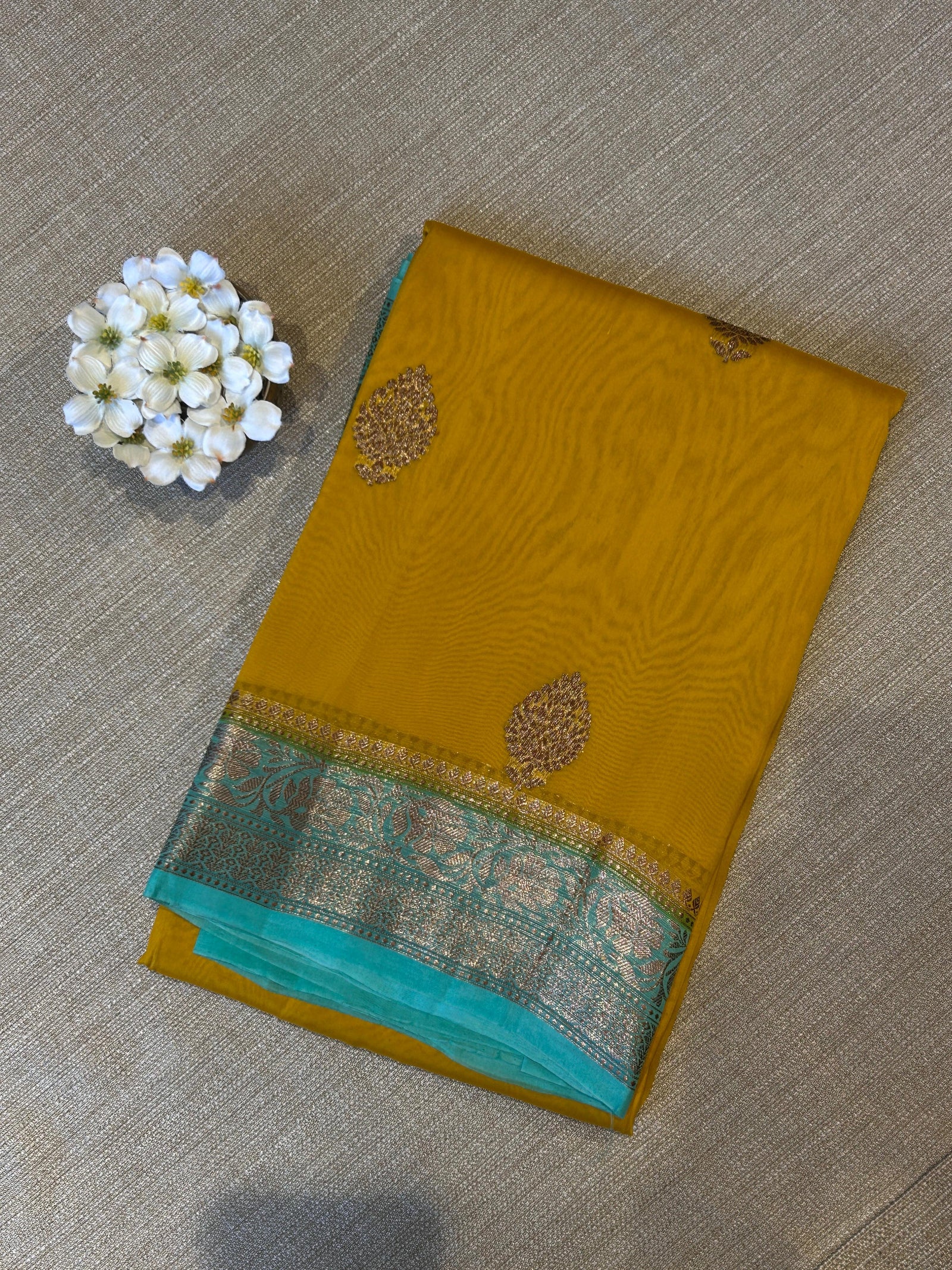 Mustard and teal combo Pure Handloom premium Kora Banarasi Saree