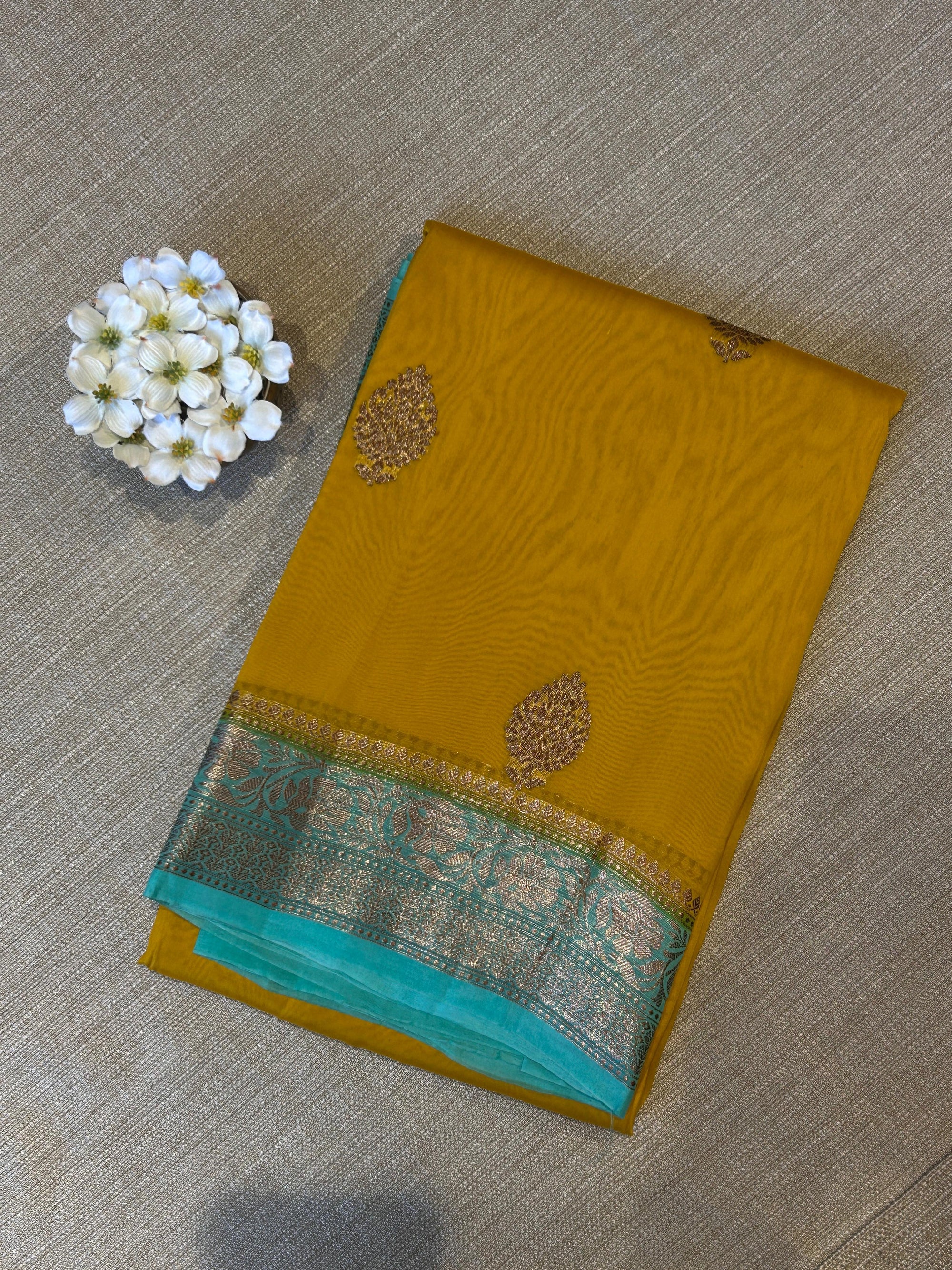 Mustard and teal combo Pure Handloom premium Kora Banarasi Saree