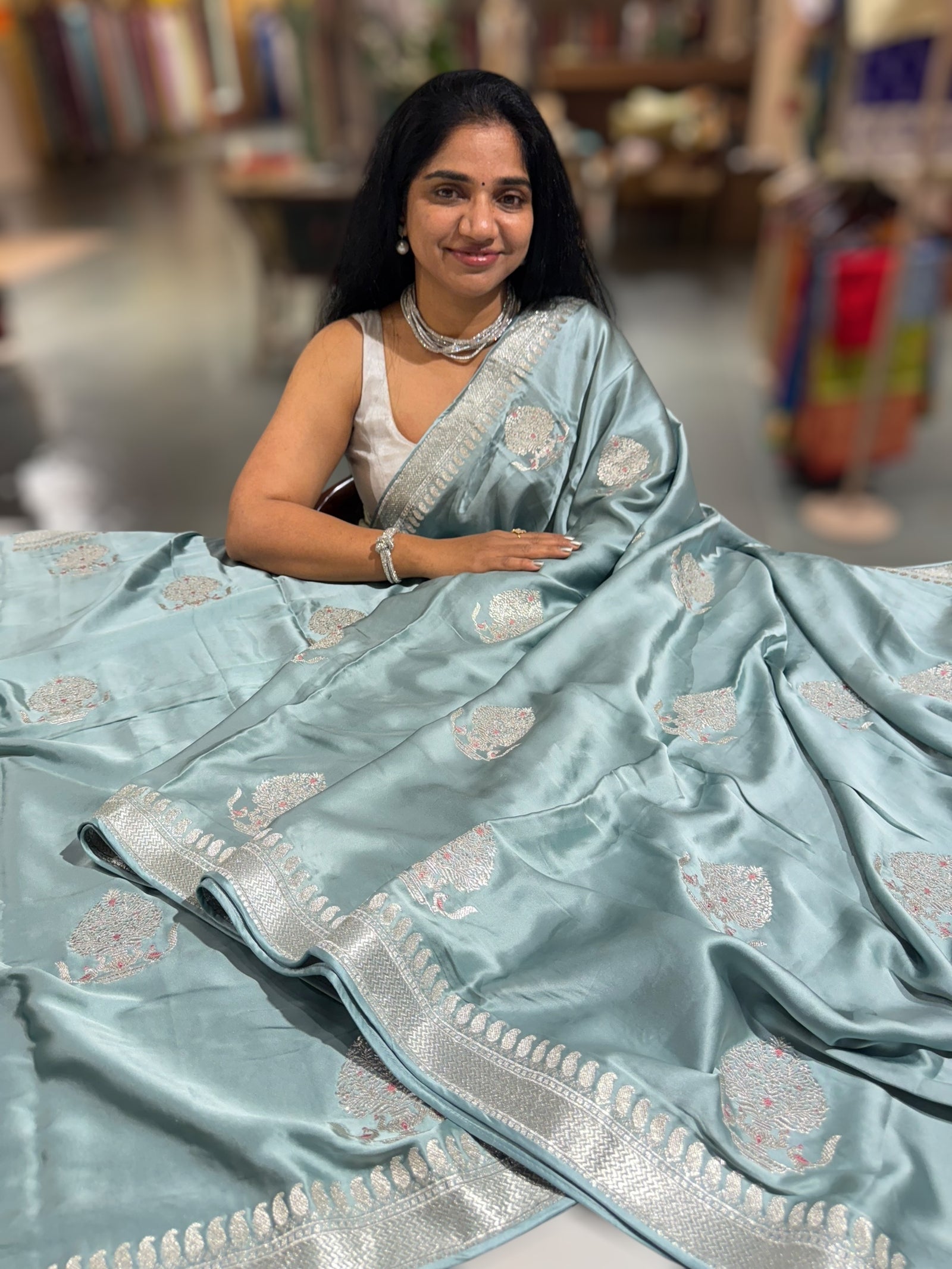 Powder Blue Pure Satin Saree with Embroidery.