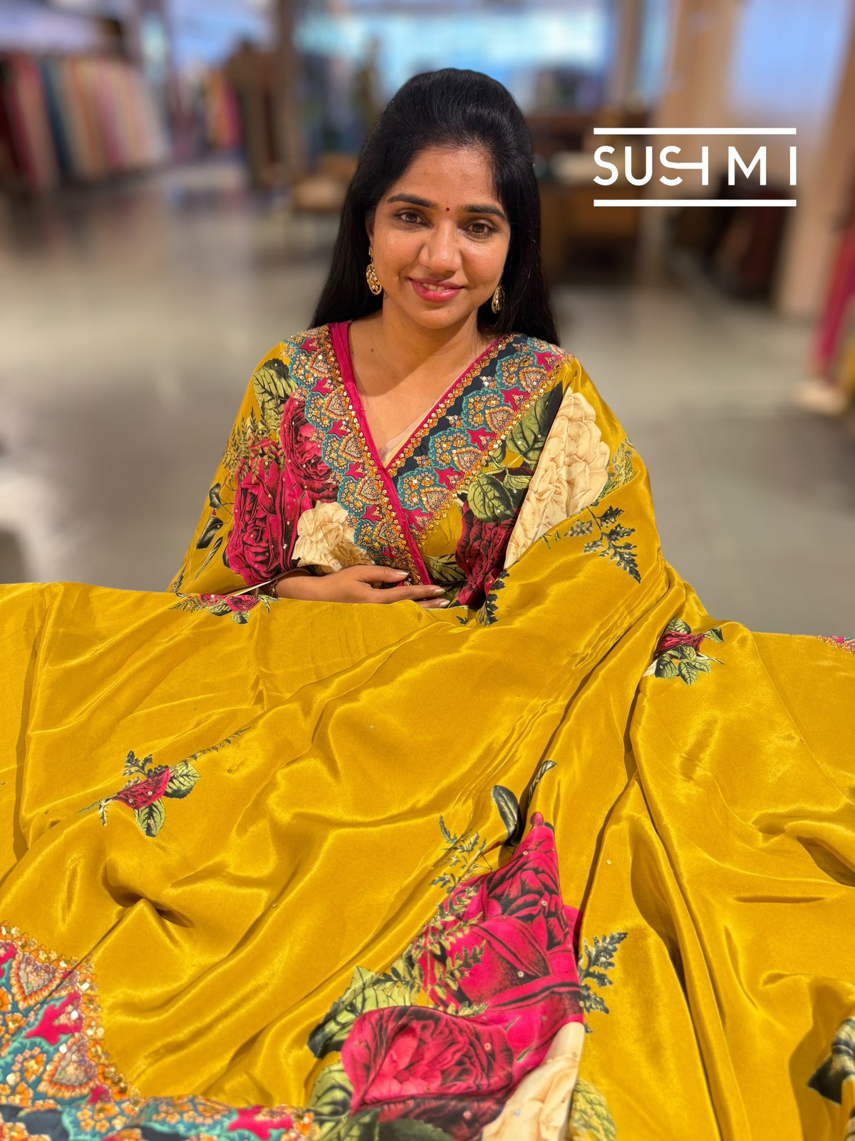 Mustard Gold Designer Crepe Silk Saree : D62F030