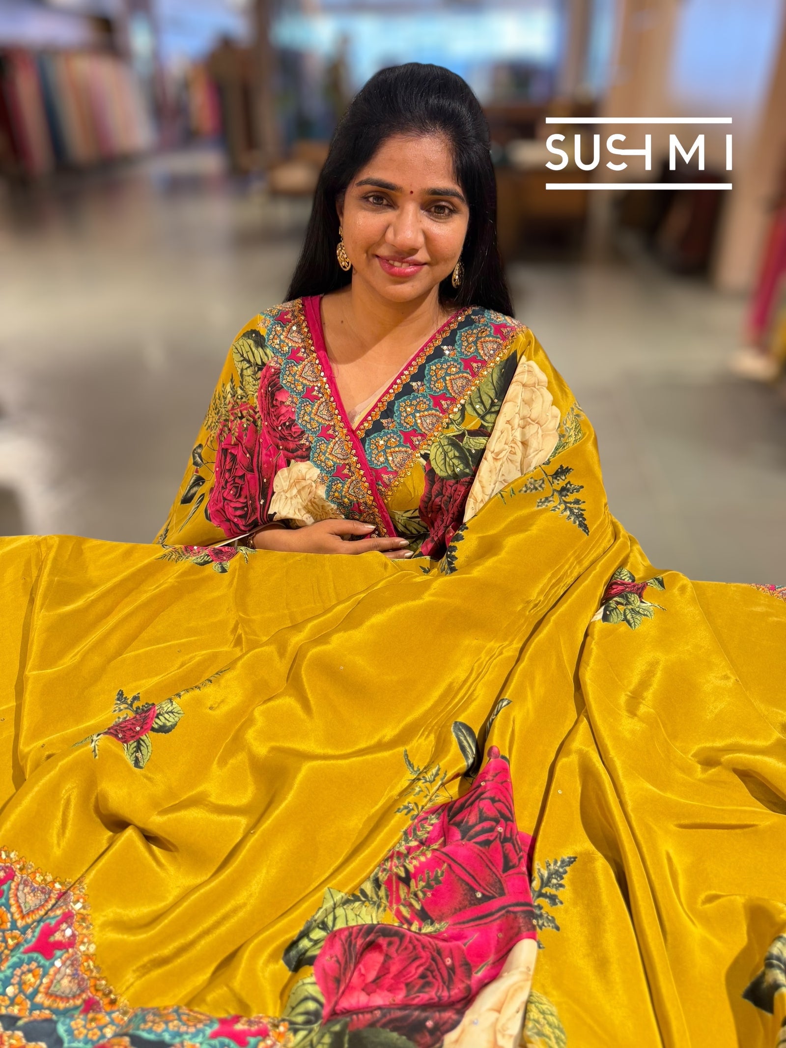 Mustard Gold Designer Crepe Silk Saree : D62F030