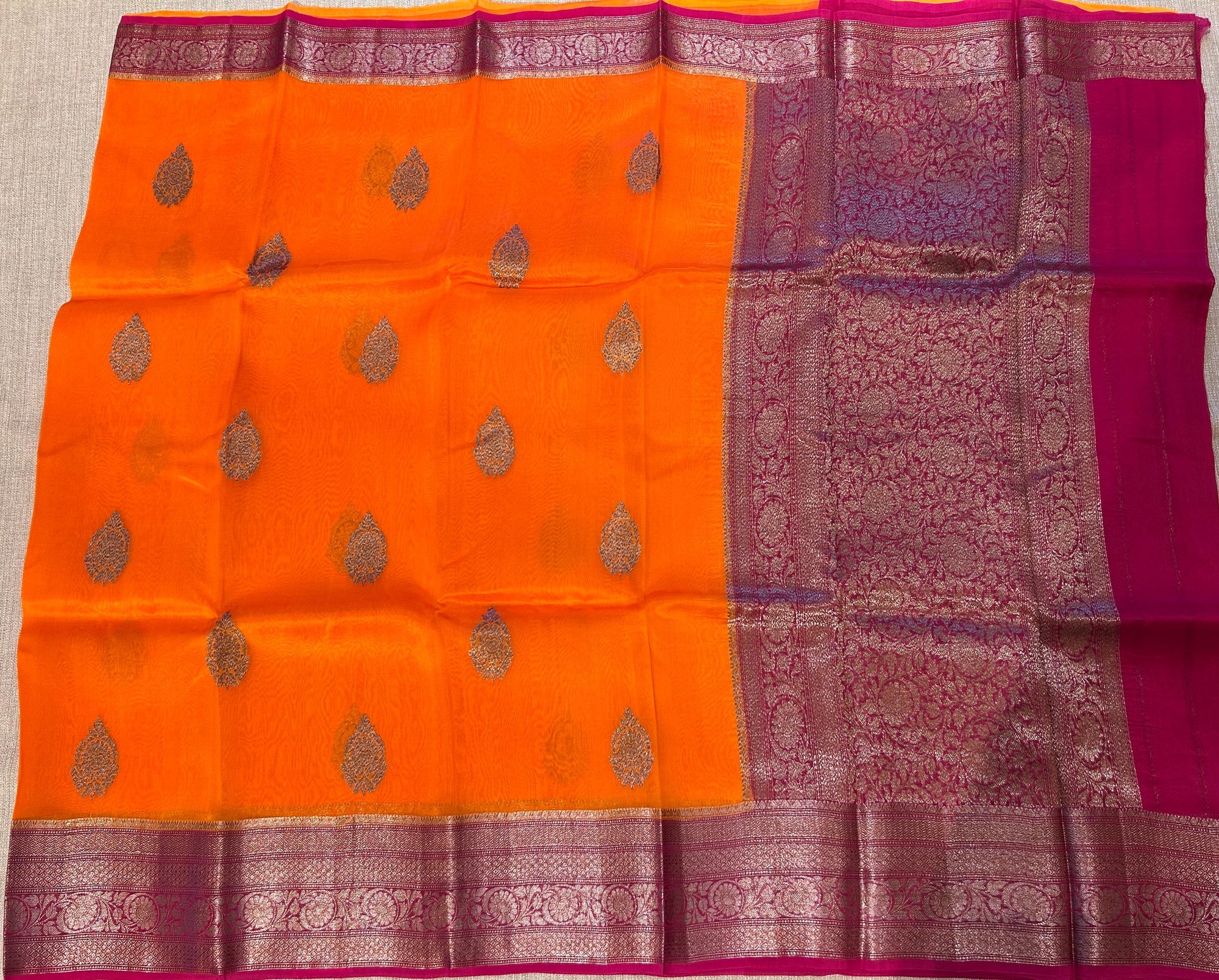 Orange & Ruby Pink Pure Handloom Kora Banarasi Saree