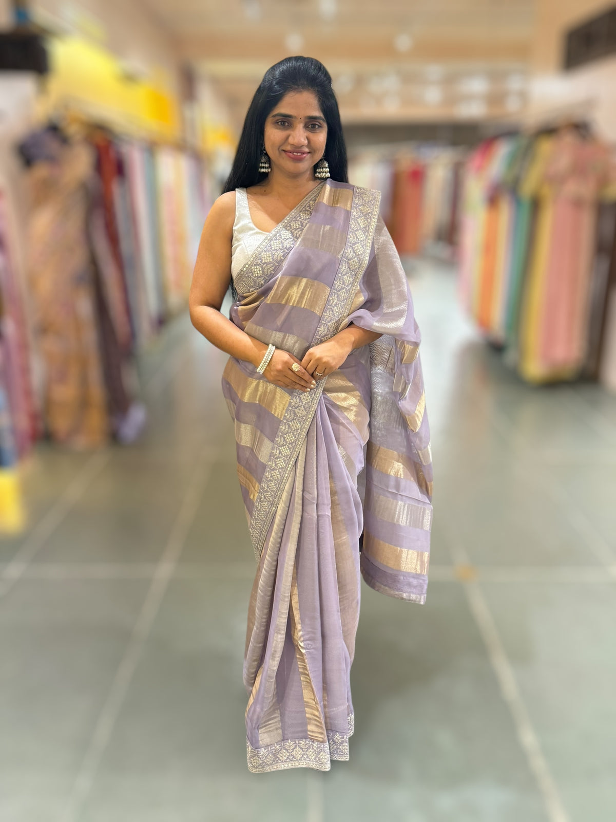 Dusty Lilac kora tissue stripes saree