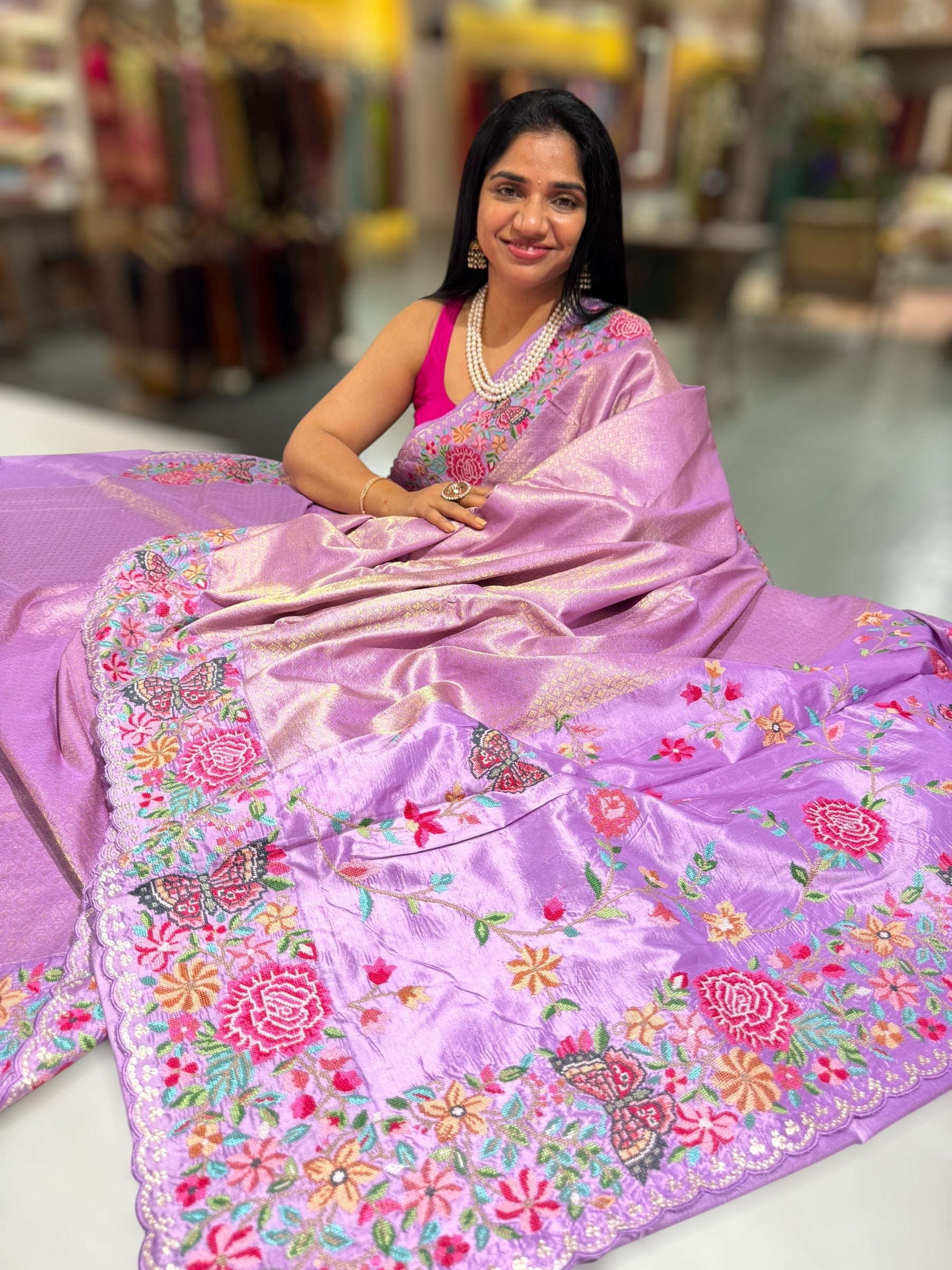 Lilac Kanjeevaram Brocade Saree with Petite Point Embroidered Border