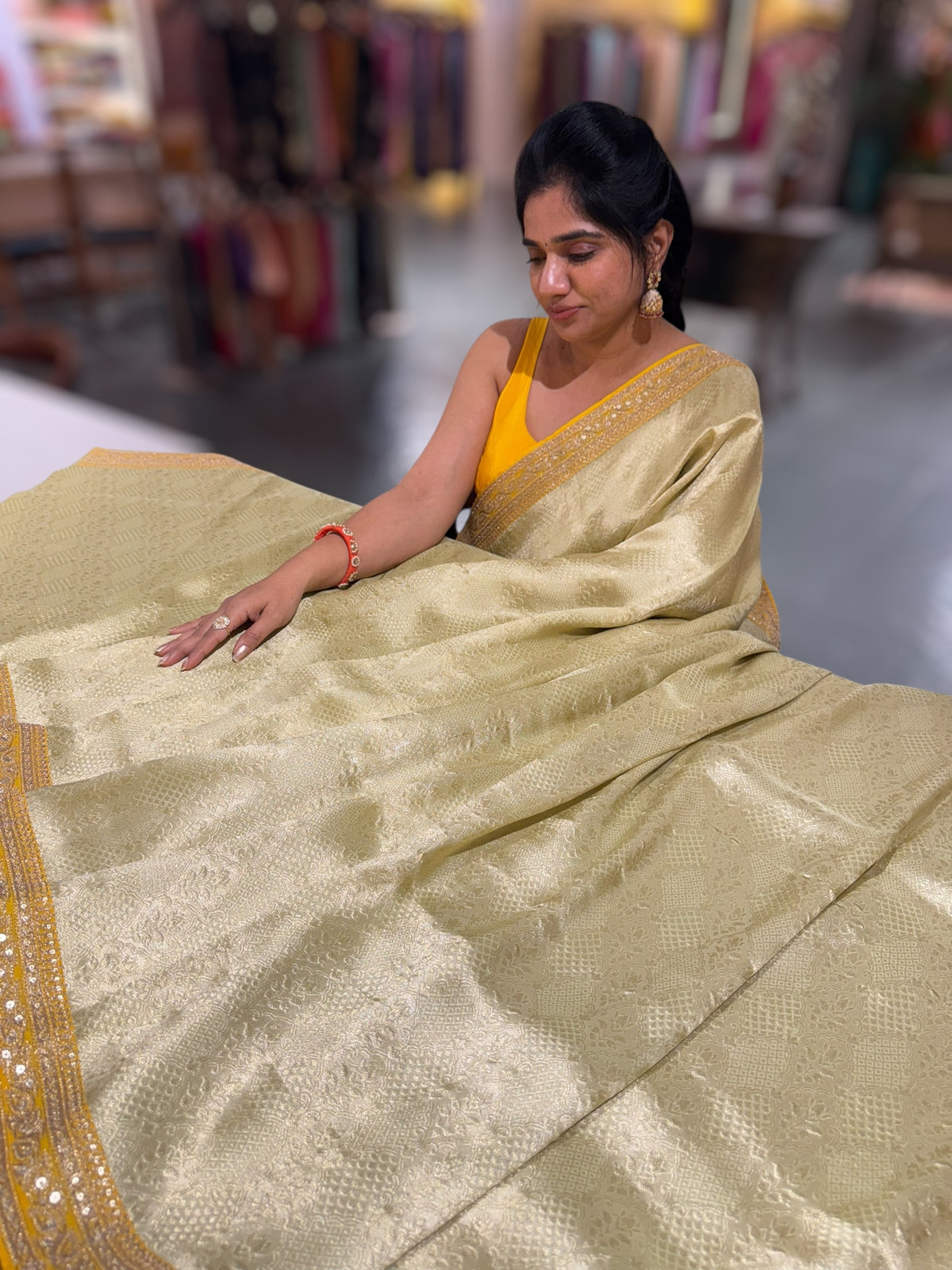 Mint & Yellow Combo Banarasi Tissue Brocade saree