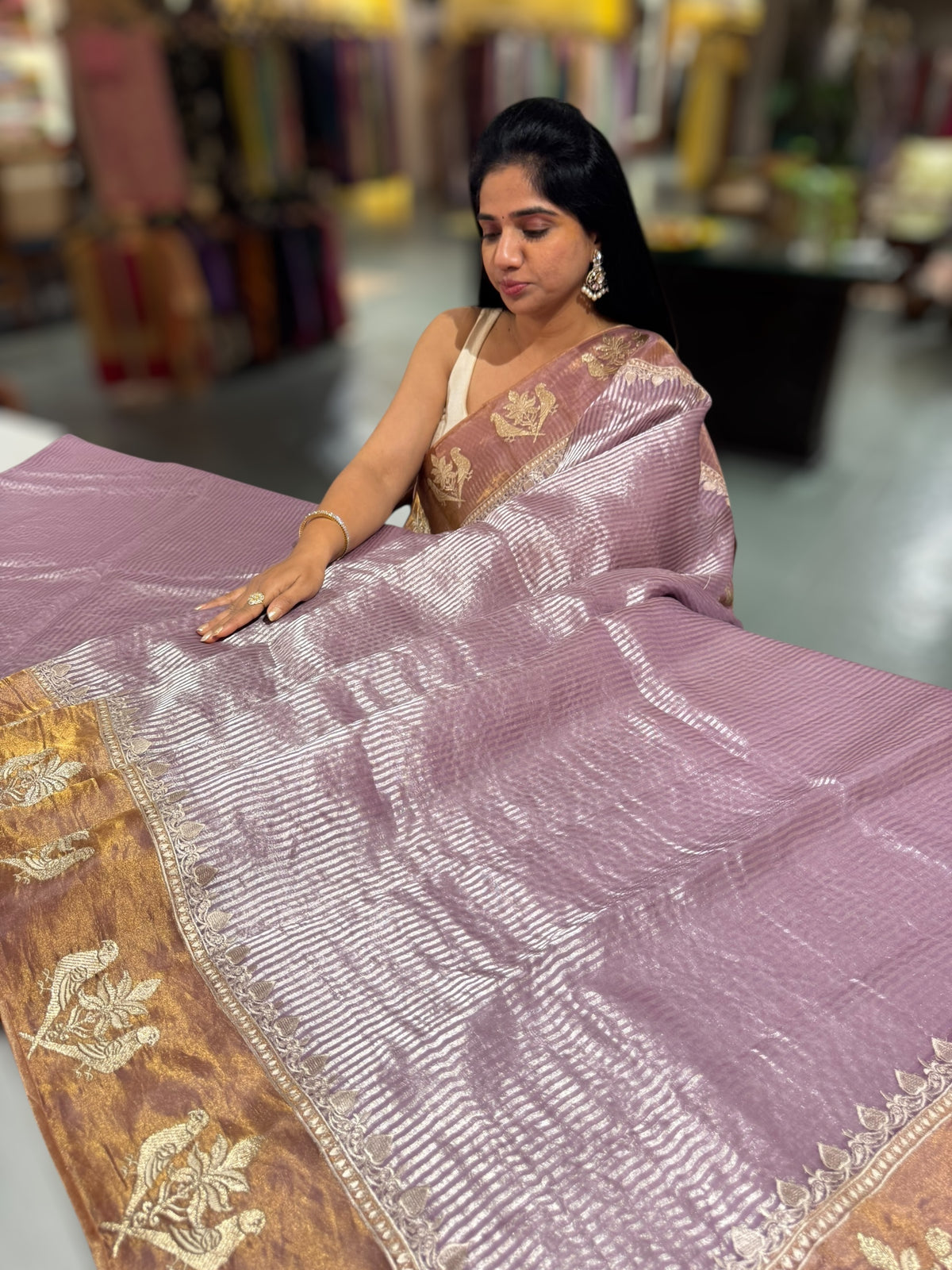 Lilac Kora tissue stripes Saree with embroidery
