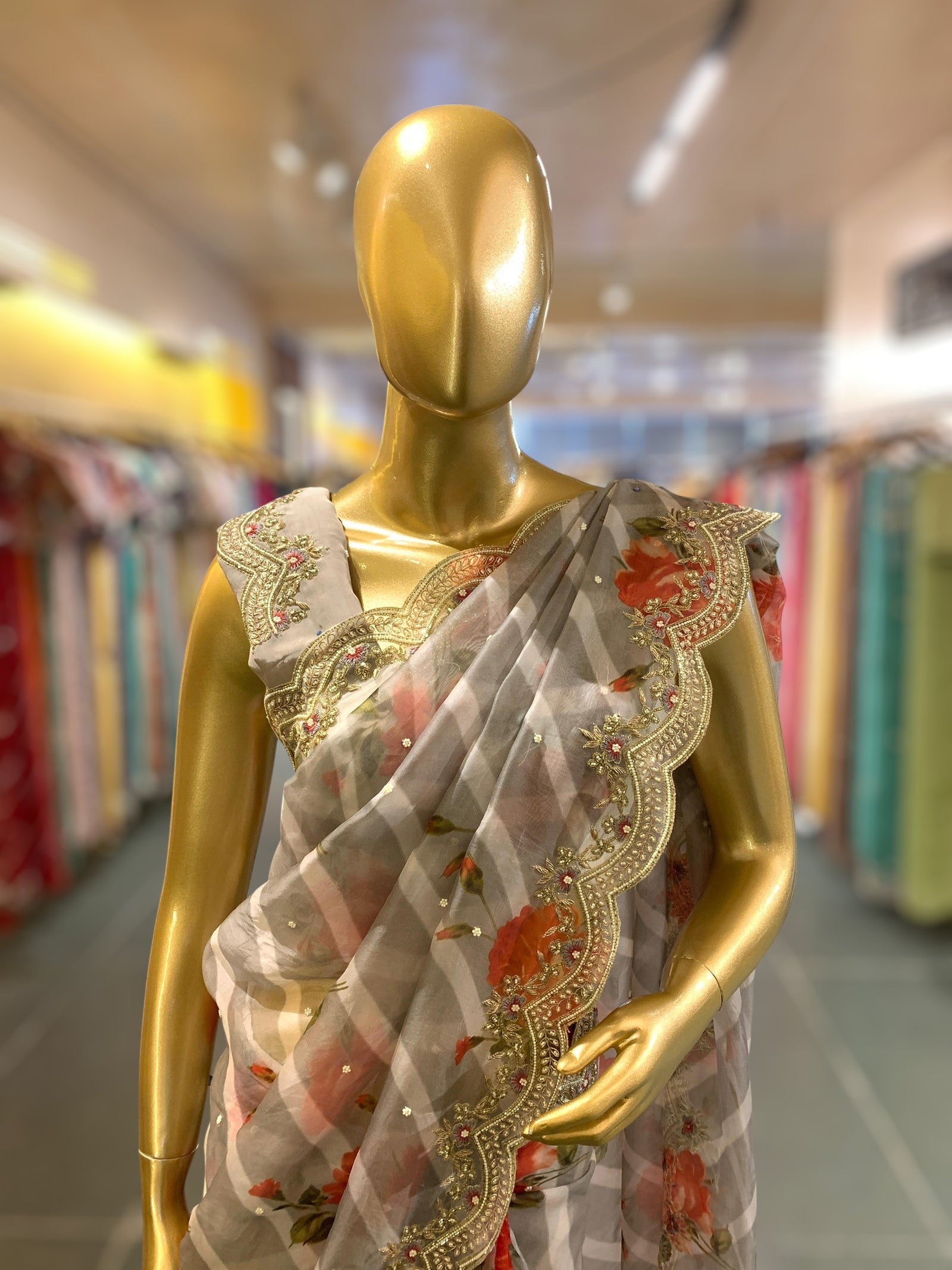 English Tone Organza lehariya and floral Printed Saree with handwork scalloped Border