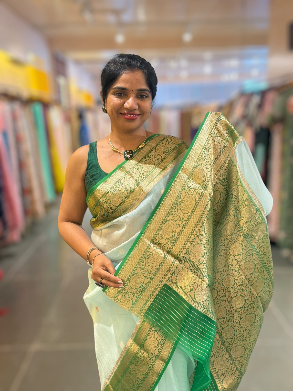 Pastel Blue & Emerald Green combo Pure Handloom premium Kora Banarasi Saree