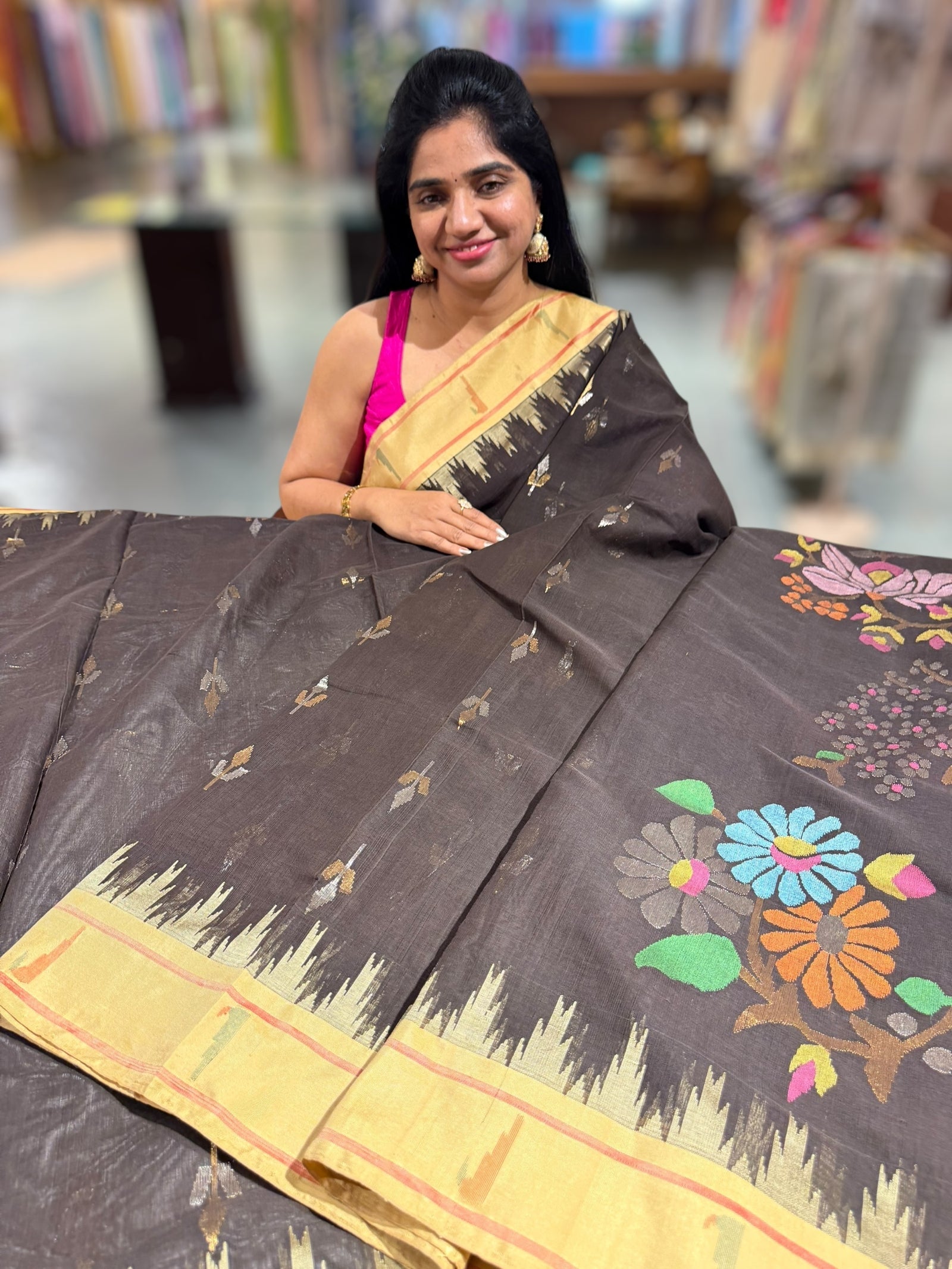 Darkest Brown  Pure  handloom Ponduru Khadi jamdani Saree with heavy pallu