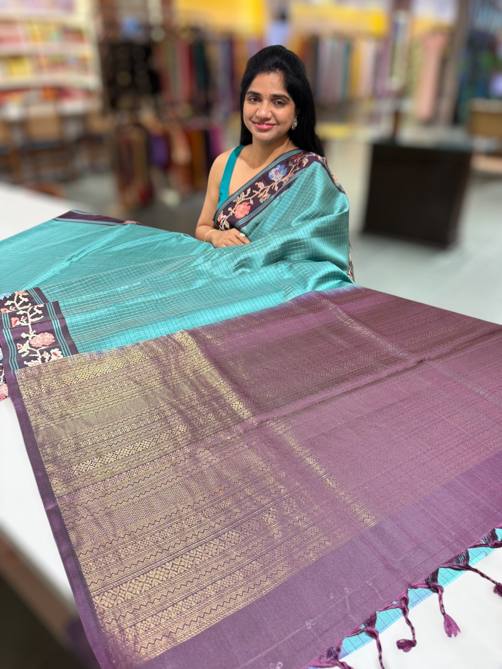 Teal & Grape Wine Combo Vintage Kanchi soft silk saree with embroidery