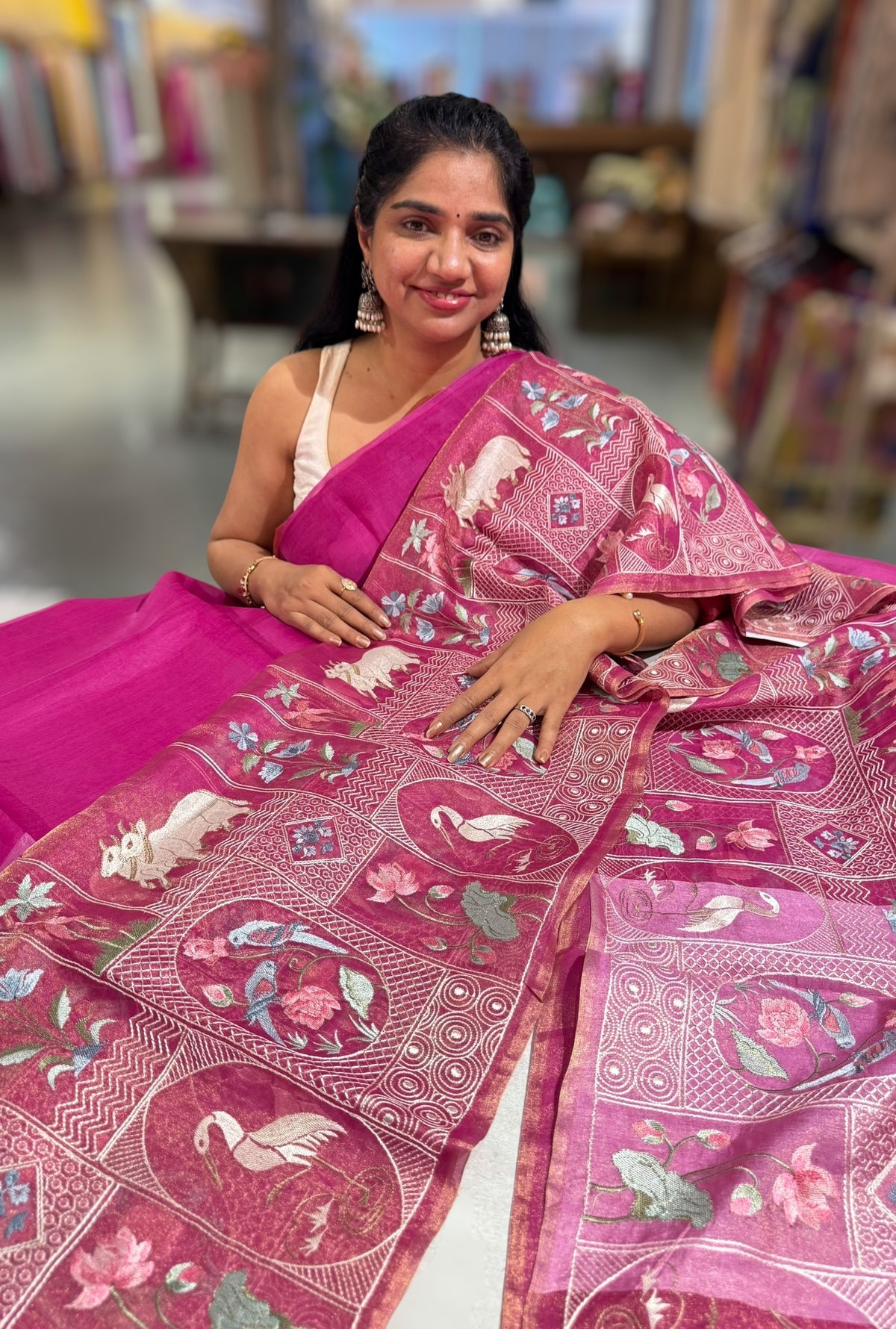 Majenta Pink Kora-Tussar blend Handloom Saree with Tissue embroidered Skirt Border