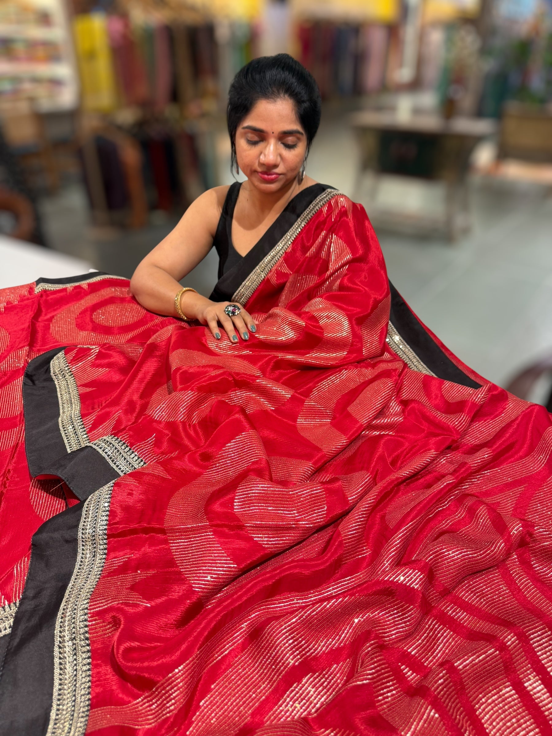 Red Crepe Silk Polka dot Saree with sabhyasachi Borders & Blouse
