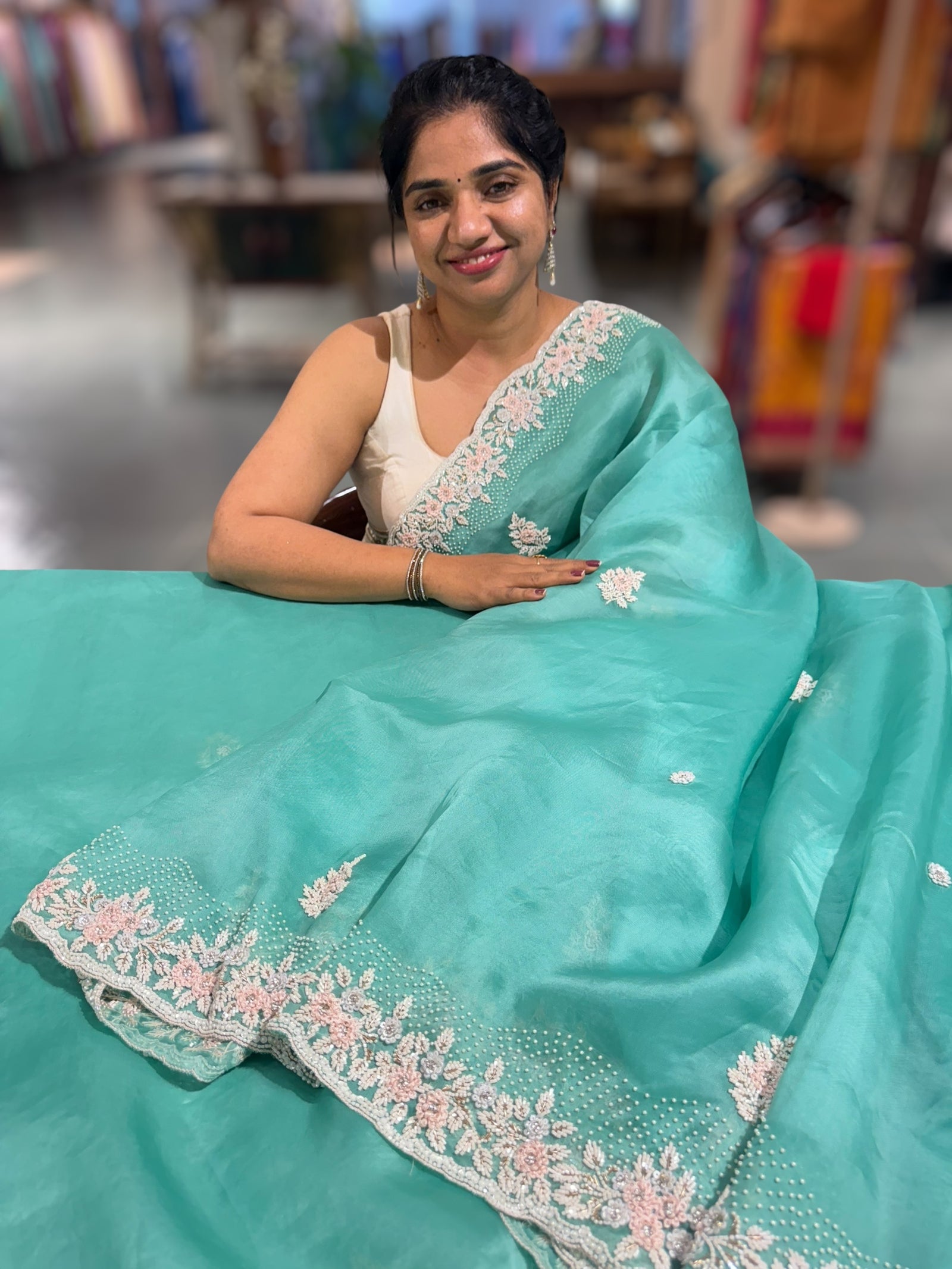 Sea Organza heavy handwork saree with ready to wear blouse