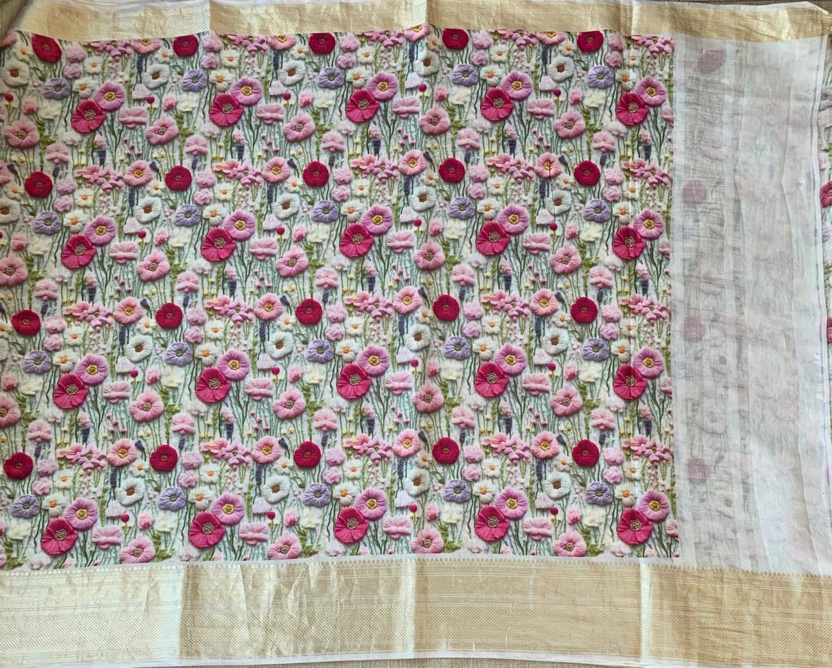 Ivory Pure Handloom Chiniya Silk Saree with stunning Floral Print and zari borders