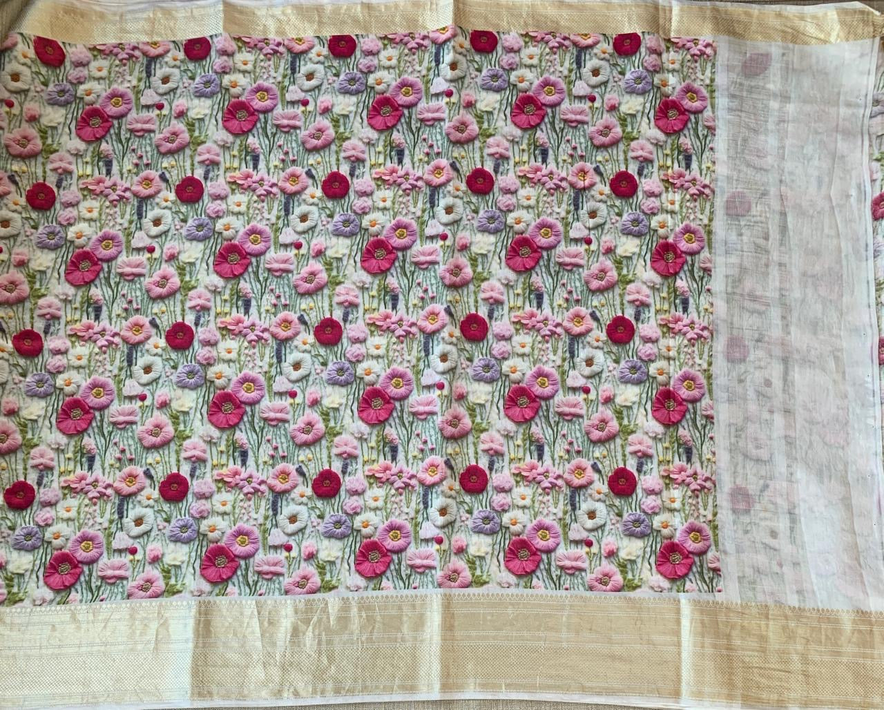 Ivory Pure Handloom Chiniya Silk Saree with stunning Floral Print and zari borders