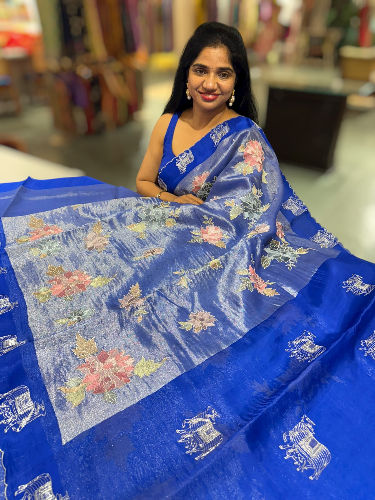 Electric Blue Premium Handloom Designer Tissue saree with exquisite embroidery