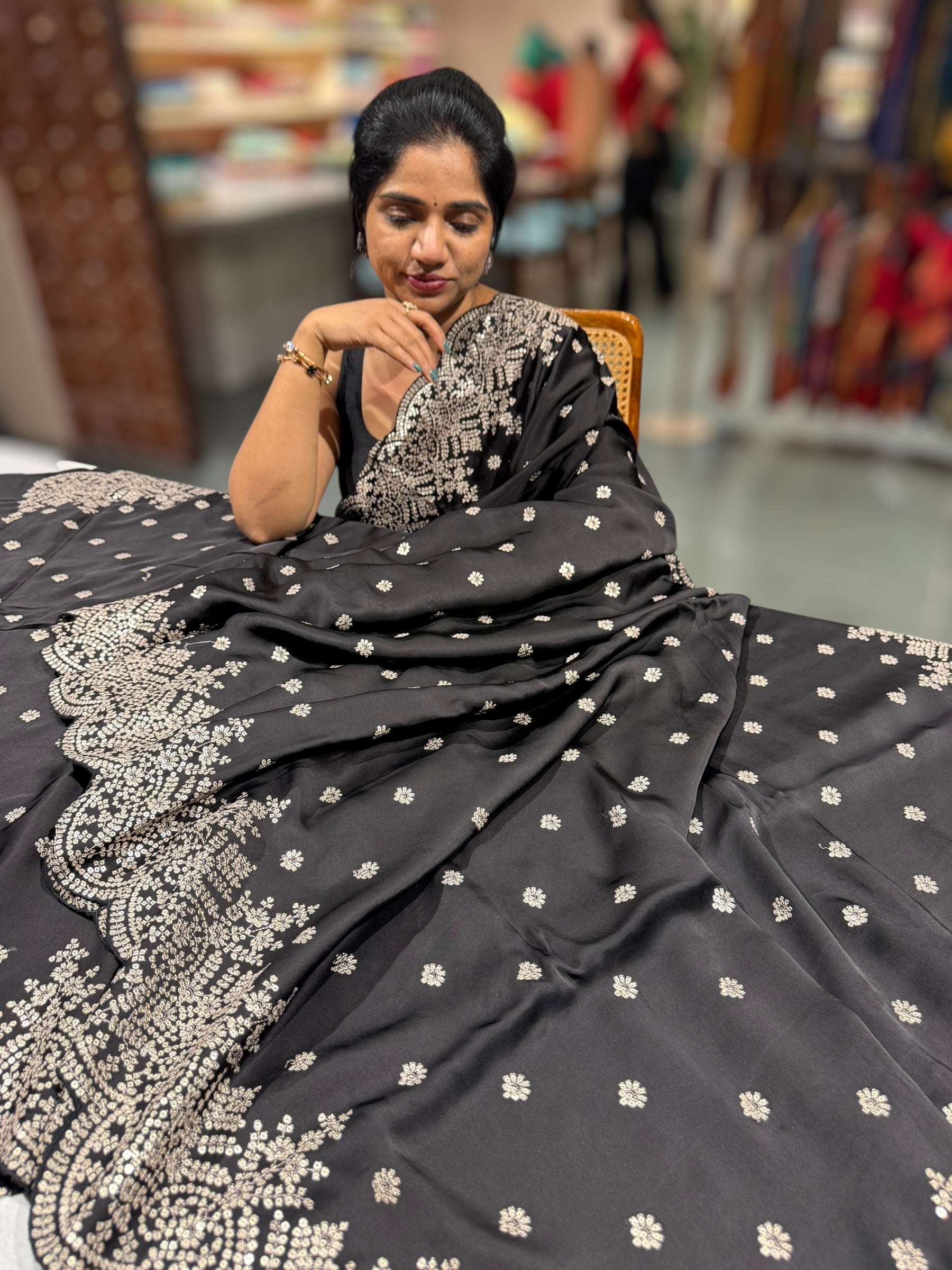Black Satin Saree with heavy sequnce embroidered scallop Border