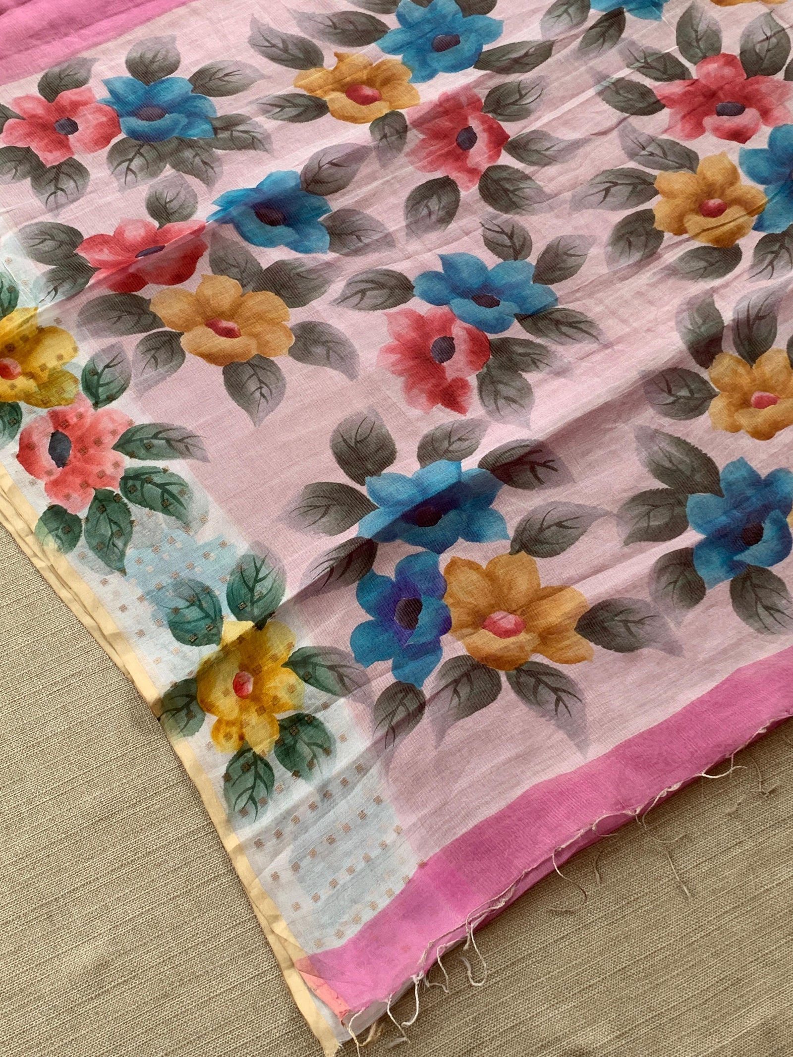 Rose Pink Tussar Kota Tissue Saree with Handpainted Muslin Border and Pallu