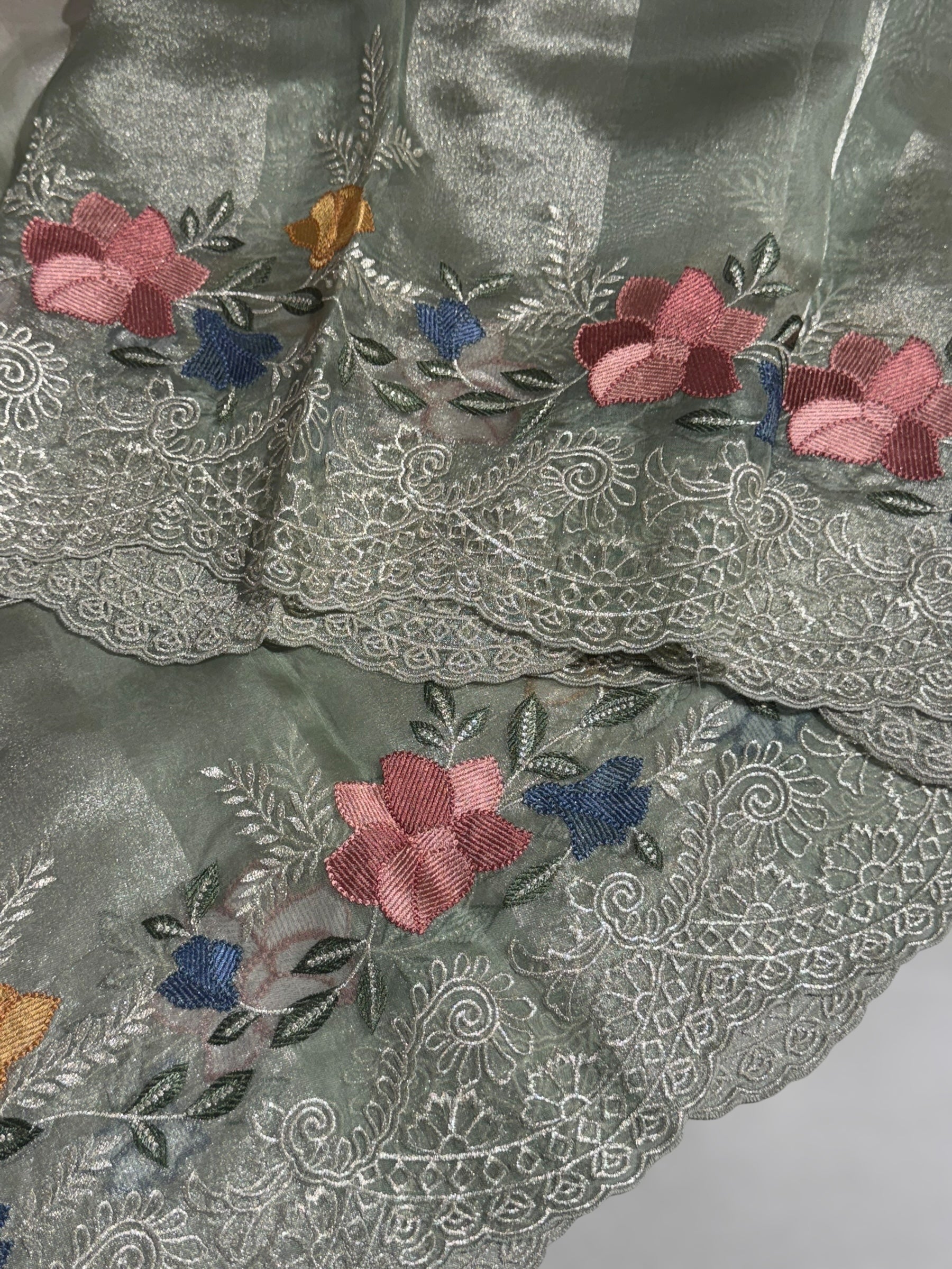 Mint & Silver Ombre dyed Tissue Saree with Cutwork embroidered Borders