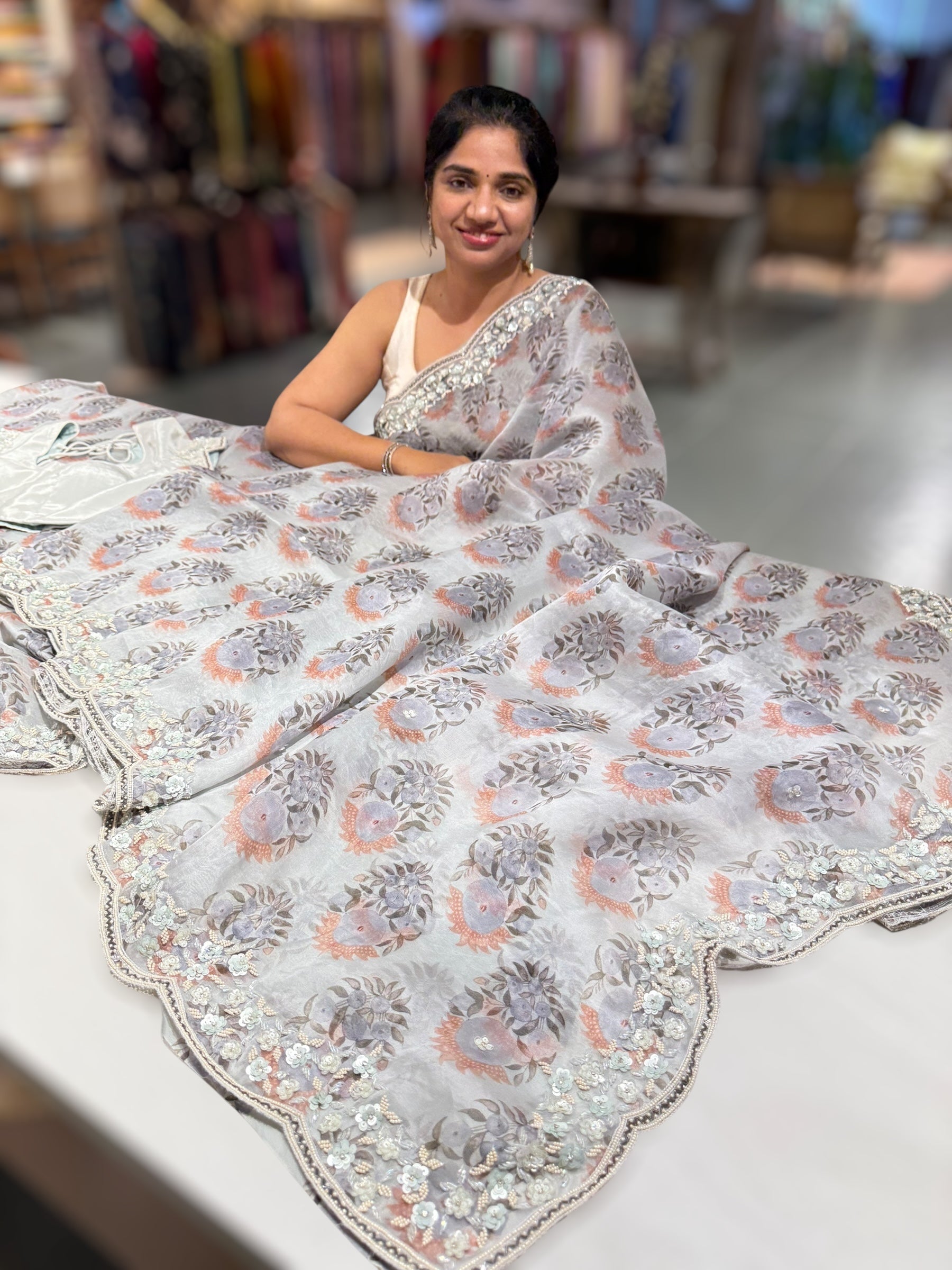 Grey Organza Sabhyasachi printed saree with handwork border paired  with ready to wear blouse