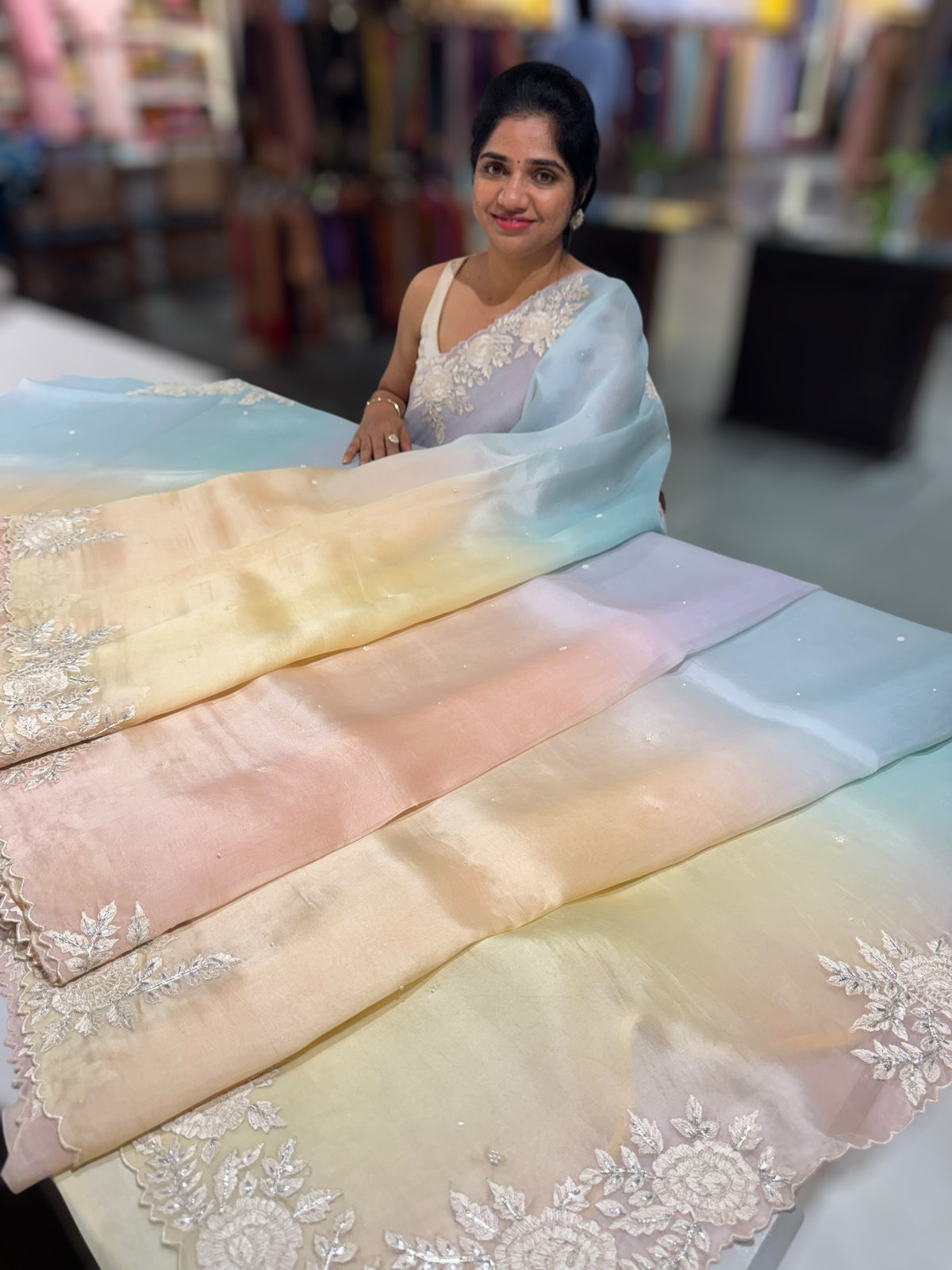 Ombre dyed Pure Organza Saree with parsi gara embroidery