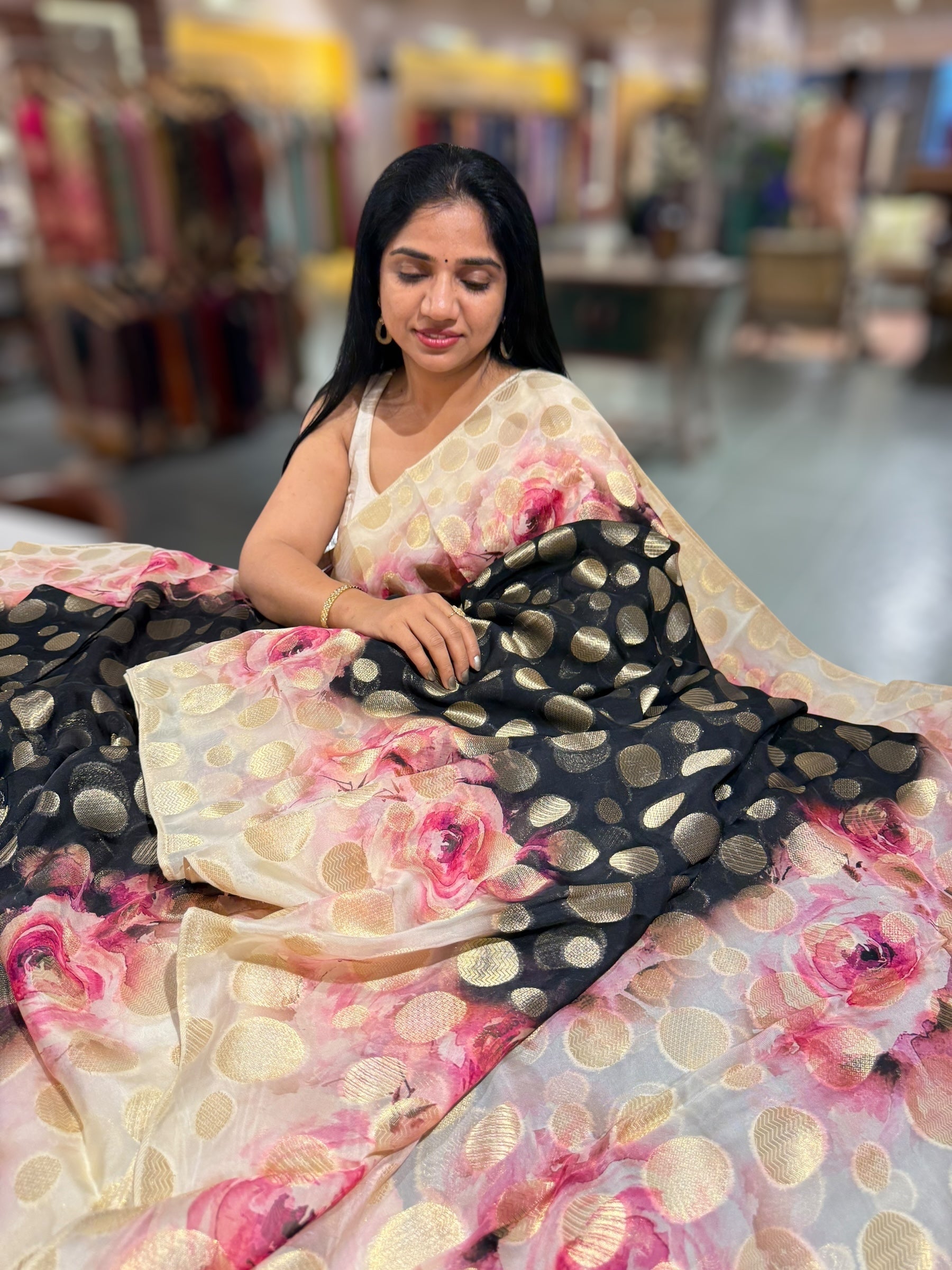 Black Banarasi Kora Gorgette Polka dot Printed Saree