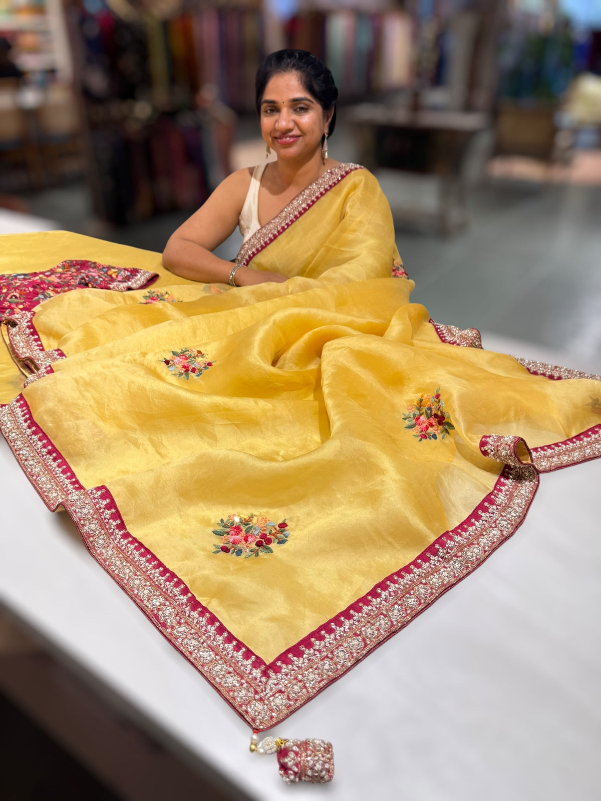 Yellow Organza heavy handwork saree with ready to wear blouse
