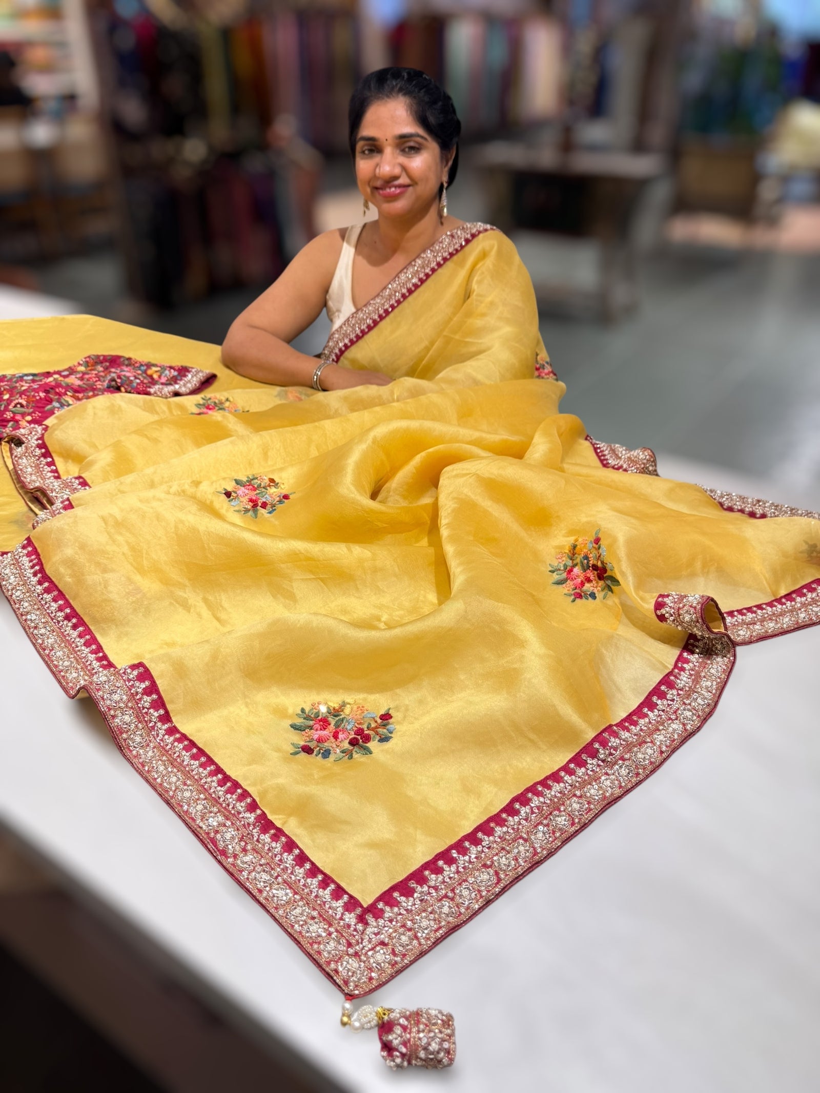 Yellow Organza heavy handwork saree with ready to wear blouse