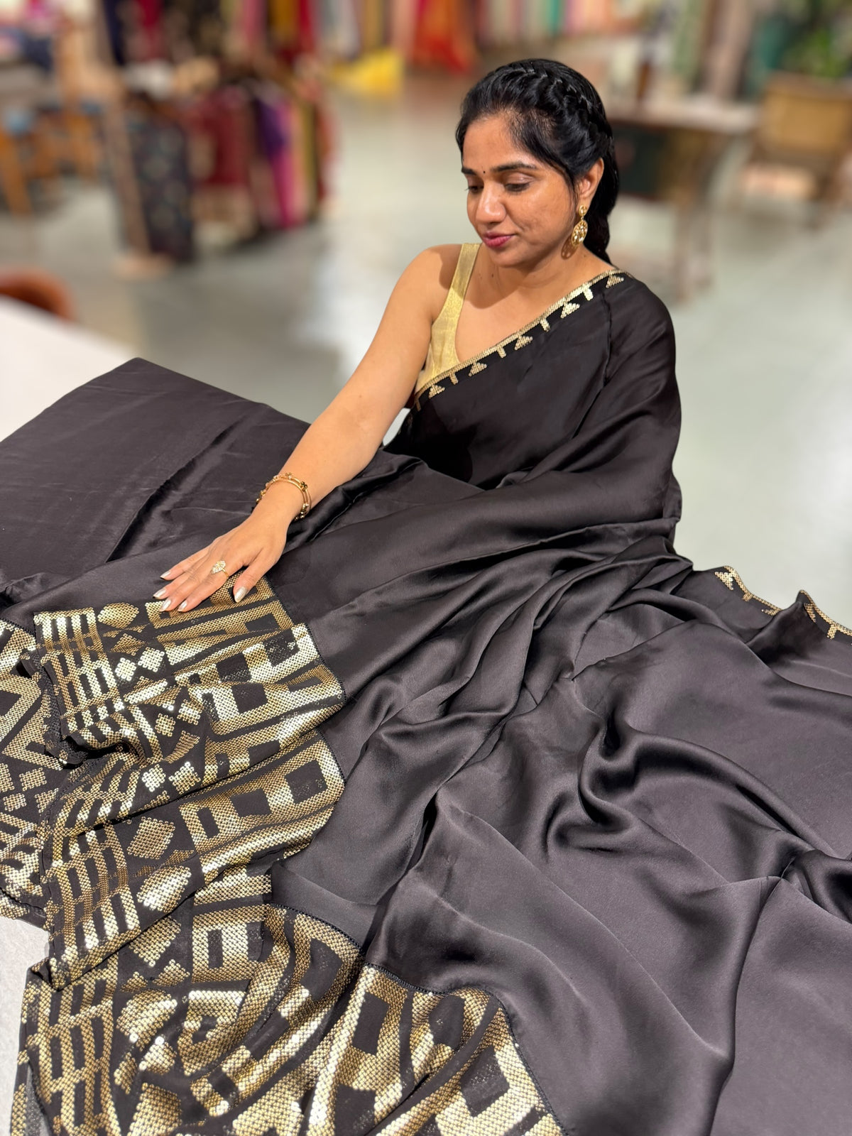 Black pure Satin Saree with designer sequence border and blouse